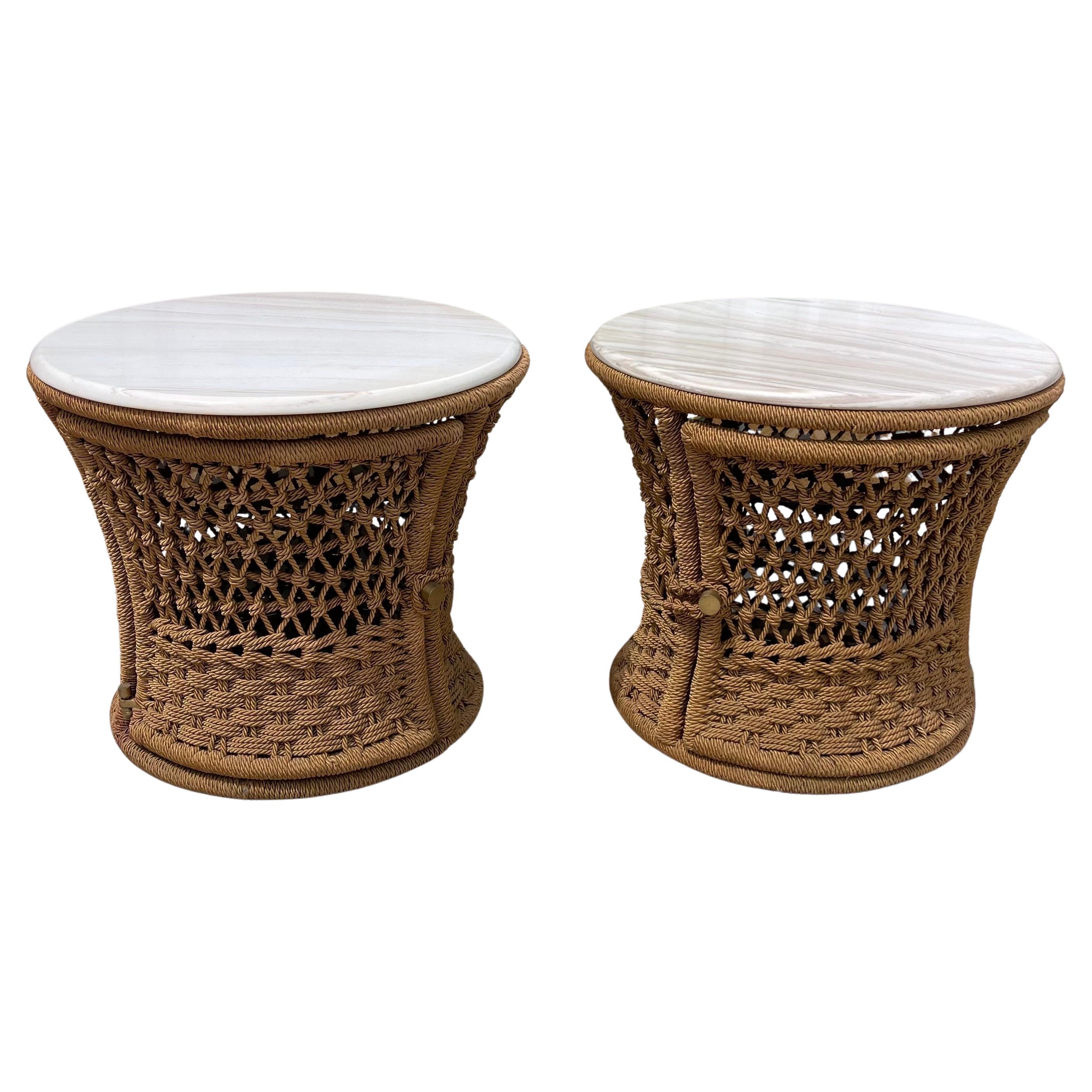 Marzio Cecchi Studio Most Rope Travertine Top Side Tables or Nightstands, a Pair