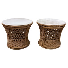 Marzio Cecchi Studio Most Rope Travertine Top Side Tables or Nightstands, a Pair