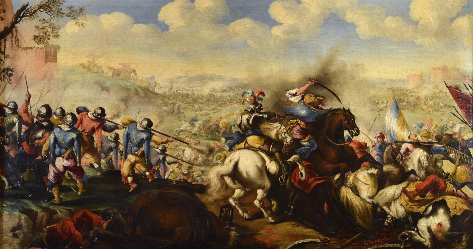Figurative Painting de Marzio Masturzo (Active in Naples and Rome in the second half of the 17th century) - Battle Masturzo Lansdscape 17th Century Paint Oil on canvas Old master