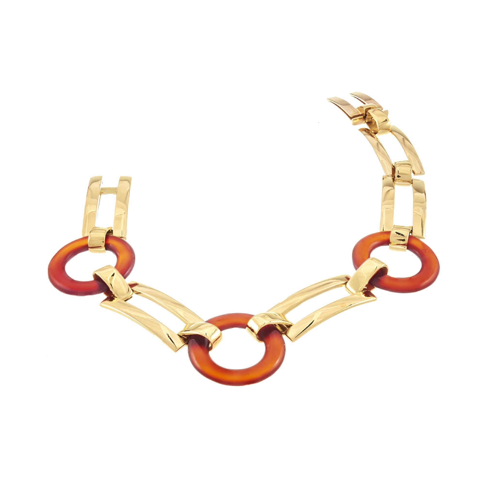 Round Cut Marzo Paris Art Deco 1930 Carnelian Yellow Gold Link Bracelet