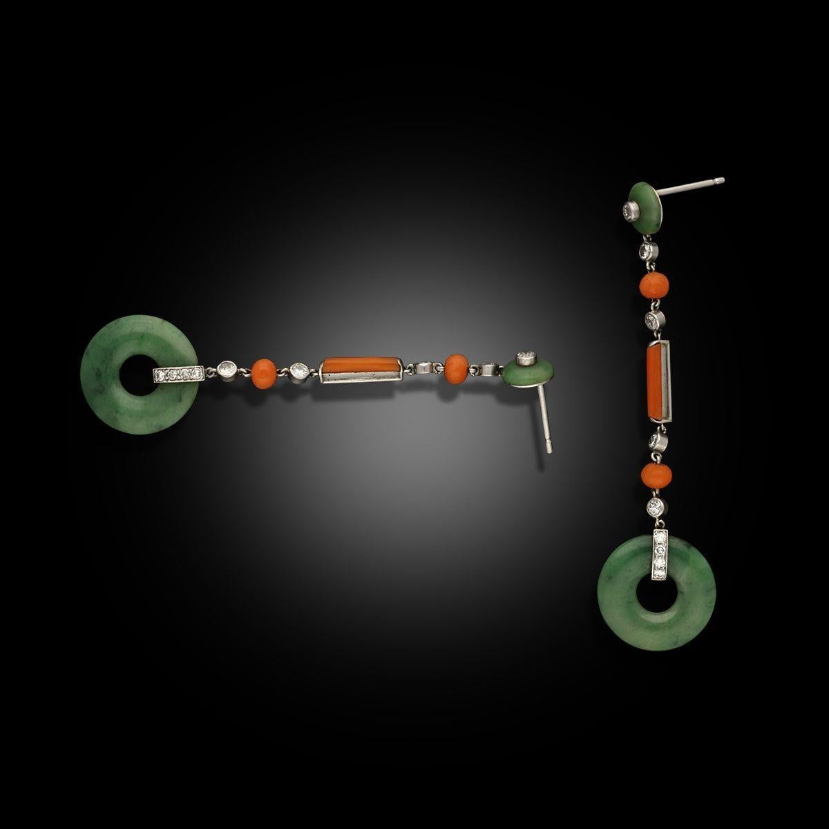 Round Cut Marzo Paris Pair of Art Deco Jade, Diamond and Coral Earrings Circa 1925 For Sale