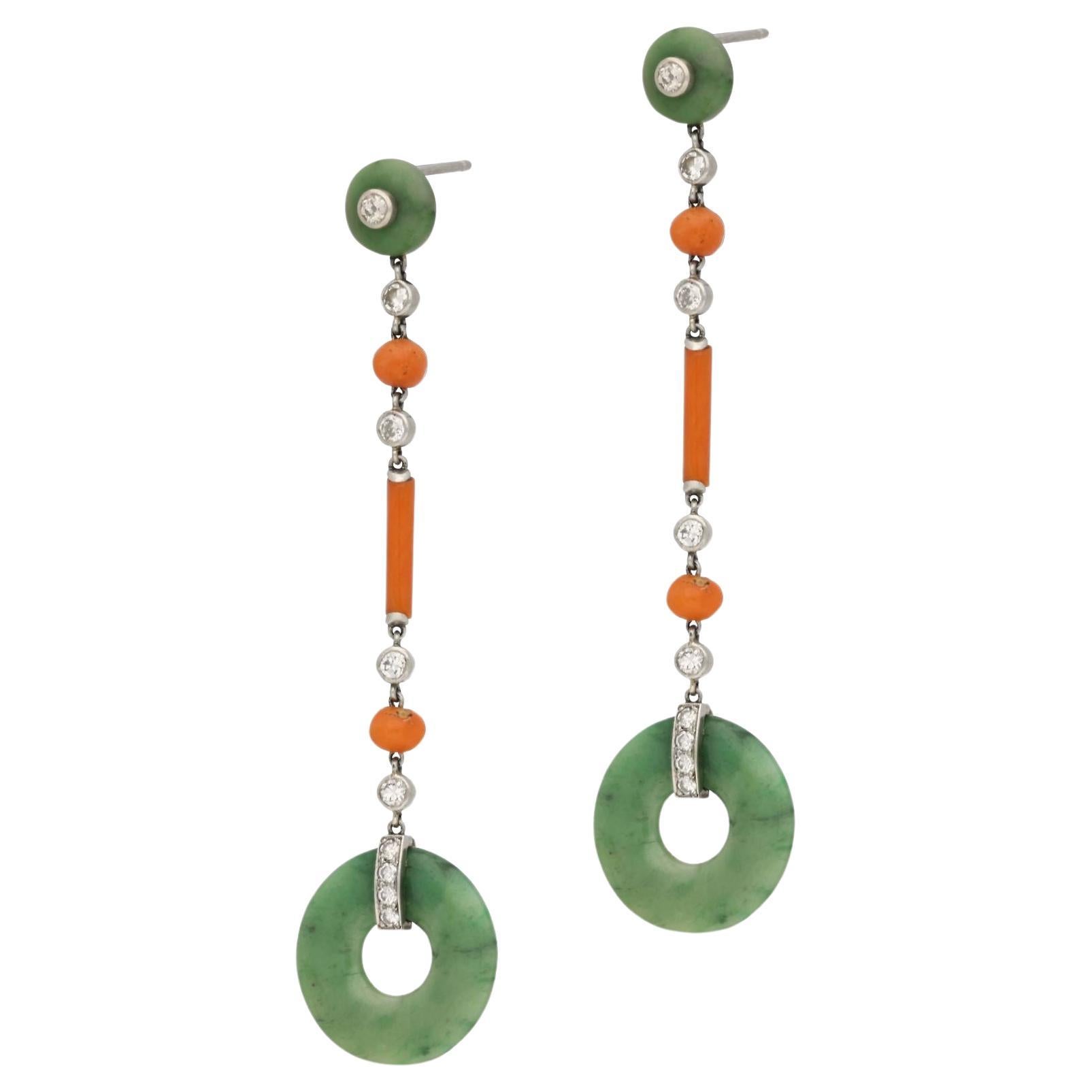 Marzo Paris Pair of Art Deco Jade, Diamond and Coral Earrings Circa 1925 For Sale