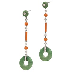Marzo Paris Pair of Art Deco Jade, Diamond and Coral Earrings Circa 1925