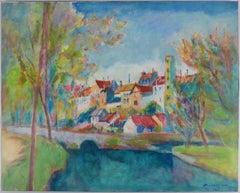 Village near the bridge - Original oil on canvas, Signed