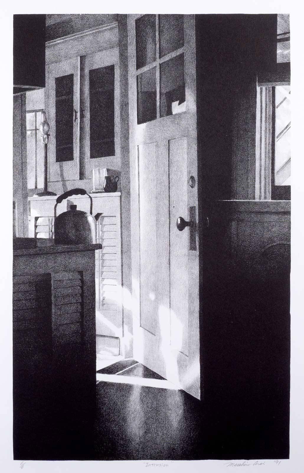 Masahiro Arai Interior Print - Intrusion (A kettle is on the kitchen counter but an open door provides title) 