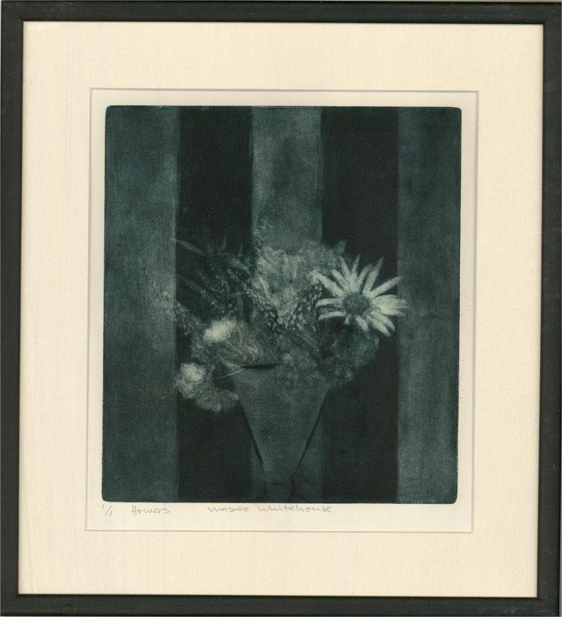 A striking monochrome etching showing a vase of flowers on a bold striped background. The artist has signed, inscribed and numbered (1/1) to the lower edge. The print has been presented in a simple black frame with a card mount. On