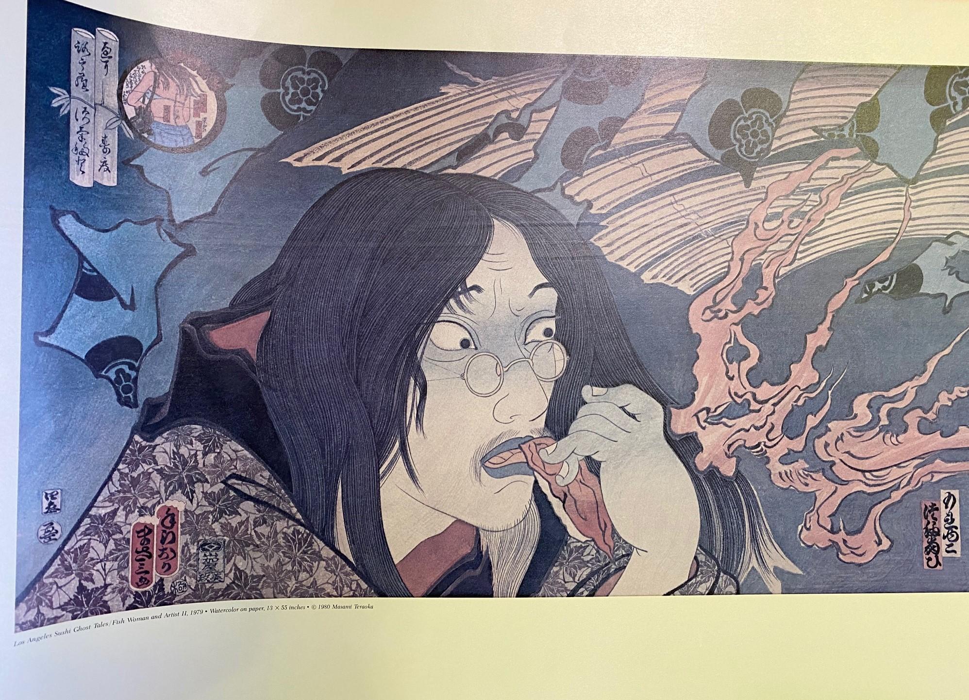 Masami Teraoka, signiertes Ausstellungsplakat, Los Angeles, Sushi, Geister, Geschichten, Fische, Frau (Showa) im Angebot