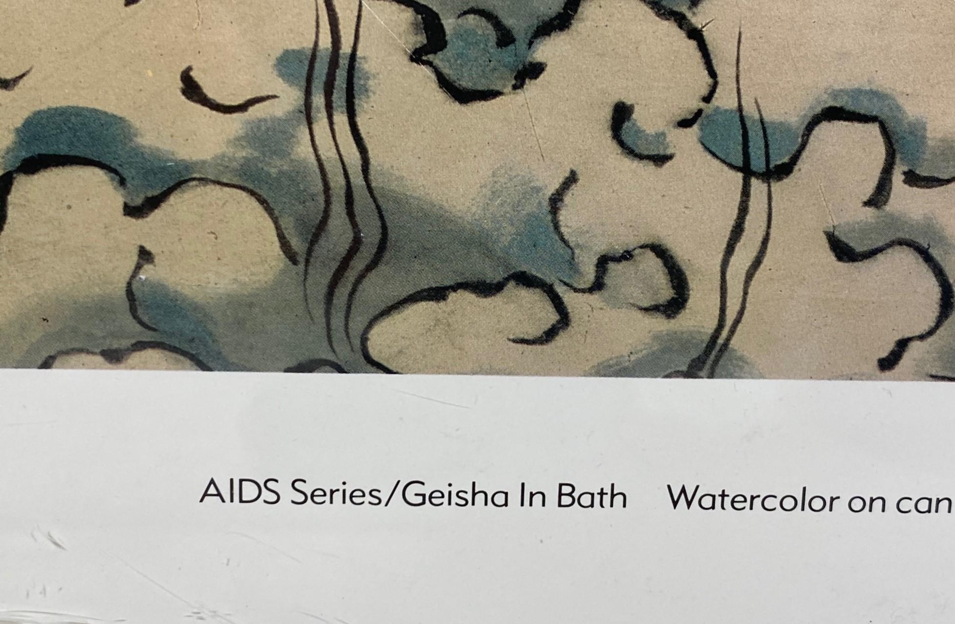 Poster litografico della mostra Masami Teraoka Waves and Plagues Geisha in Bath in vendita 2