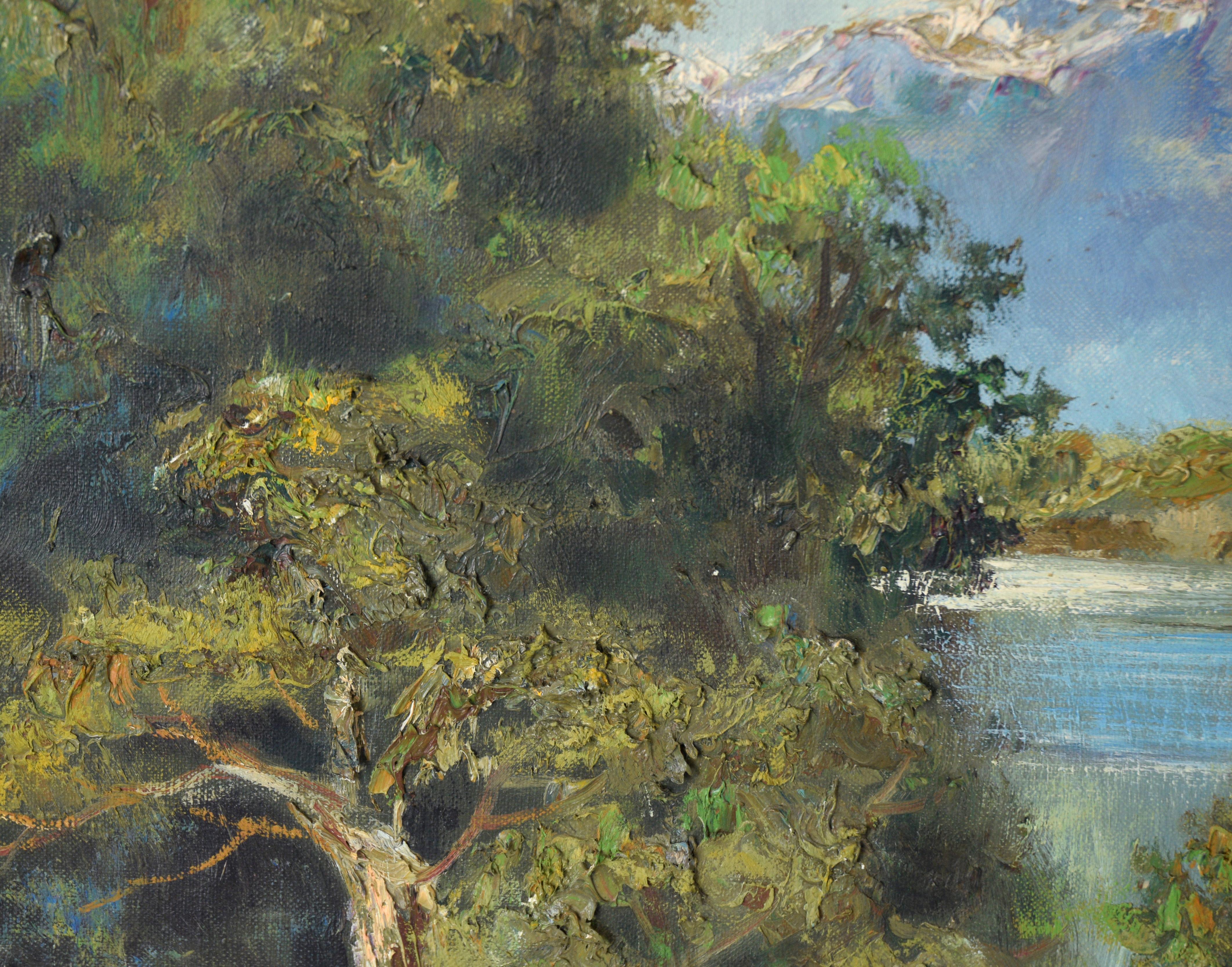 Mountain Lake Landscape in Oil on Canvas

Serene mountain landscape by notable architect and artist Masao Kinoshita (Japanese-American, 1925-2003). The viewer stands at the edge of a mountain lake, looking out over the water from behind some trees.