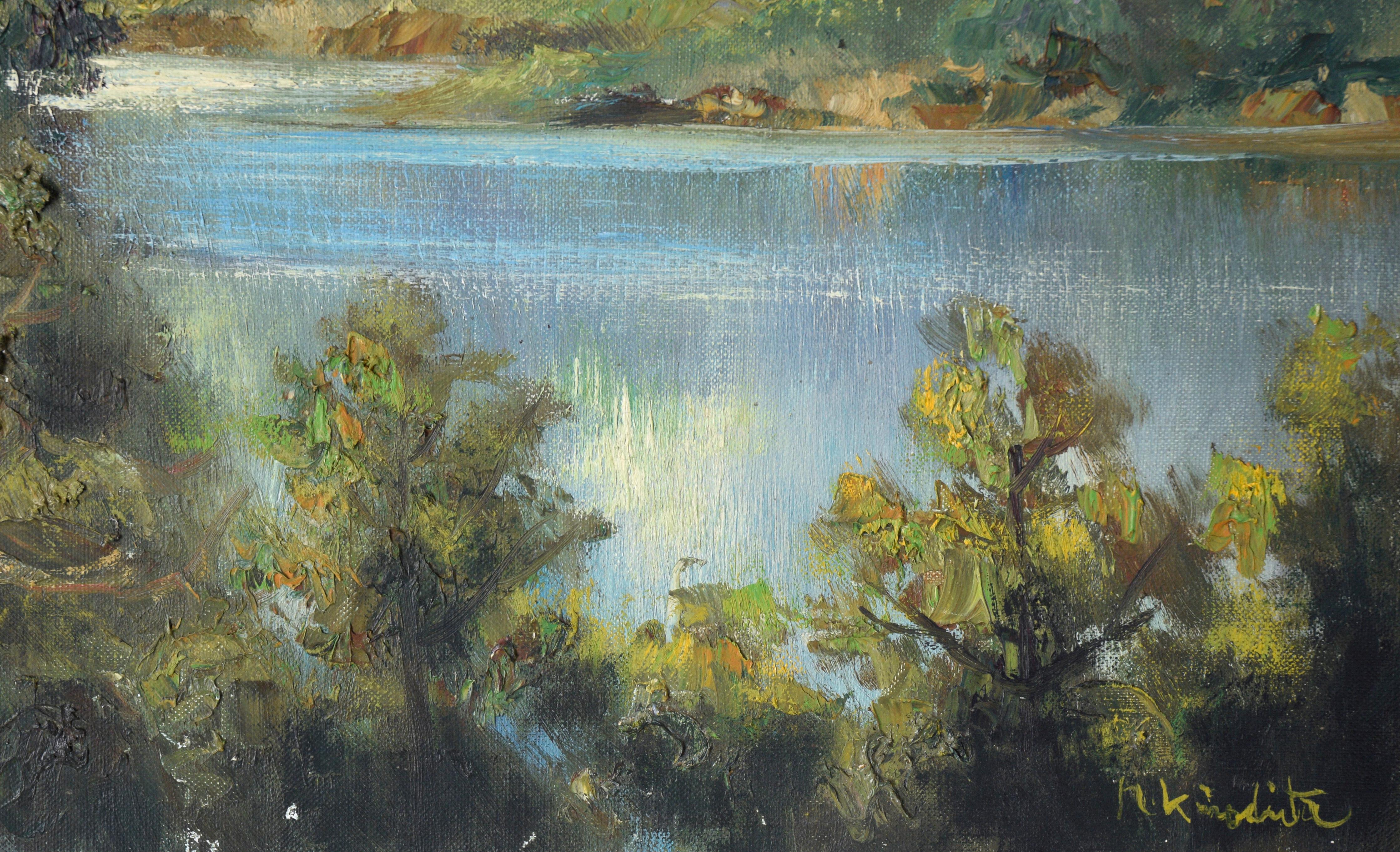 Paysage de lac de montagne en huile sur toile en vente 4