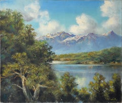Antique Mountain Lake Landscape in Oil on Canvas