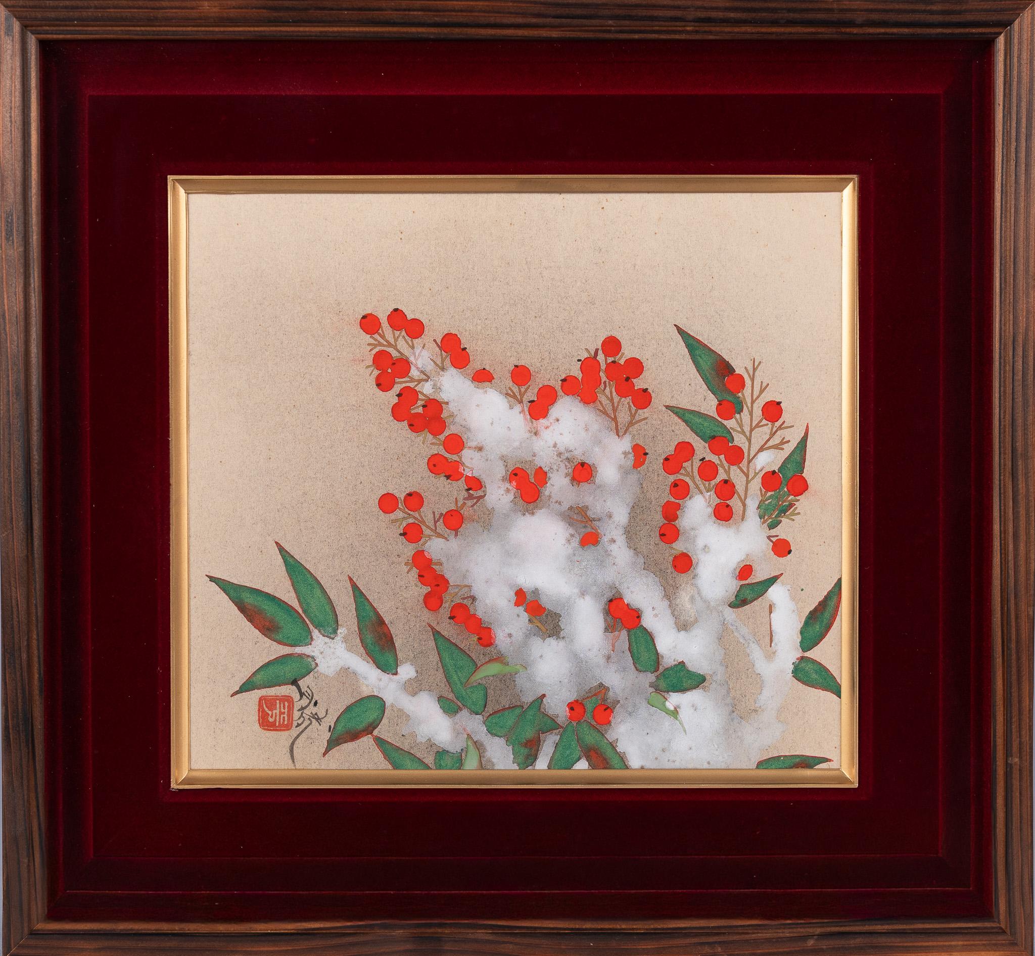 Nandina dans la neige, peinture japonaise de Masaru Hirano