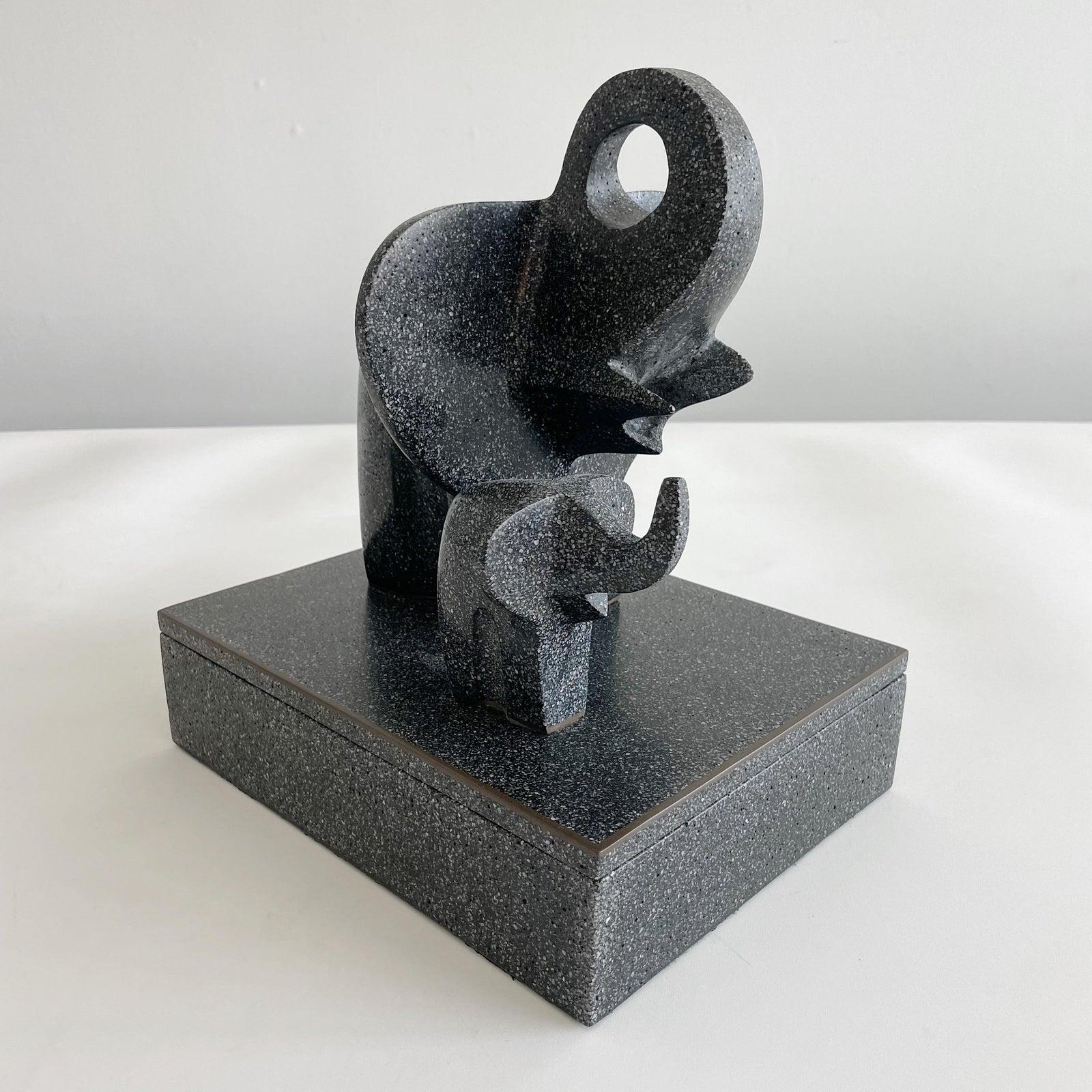 Vintage cast granite with bronze inlay, sculpture box of an elephant and baby elephant by the well-known artist Masatoyo Kishi, known as Kuki residing in San Fransisco California. Signed and numbered 6/200.