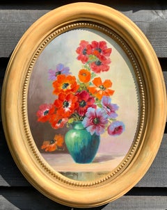 20th Century French Still life of flowers in a green pottery vase