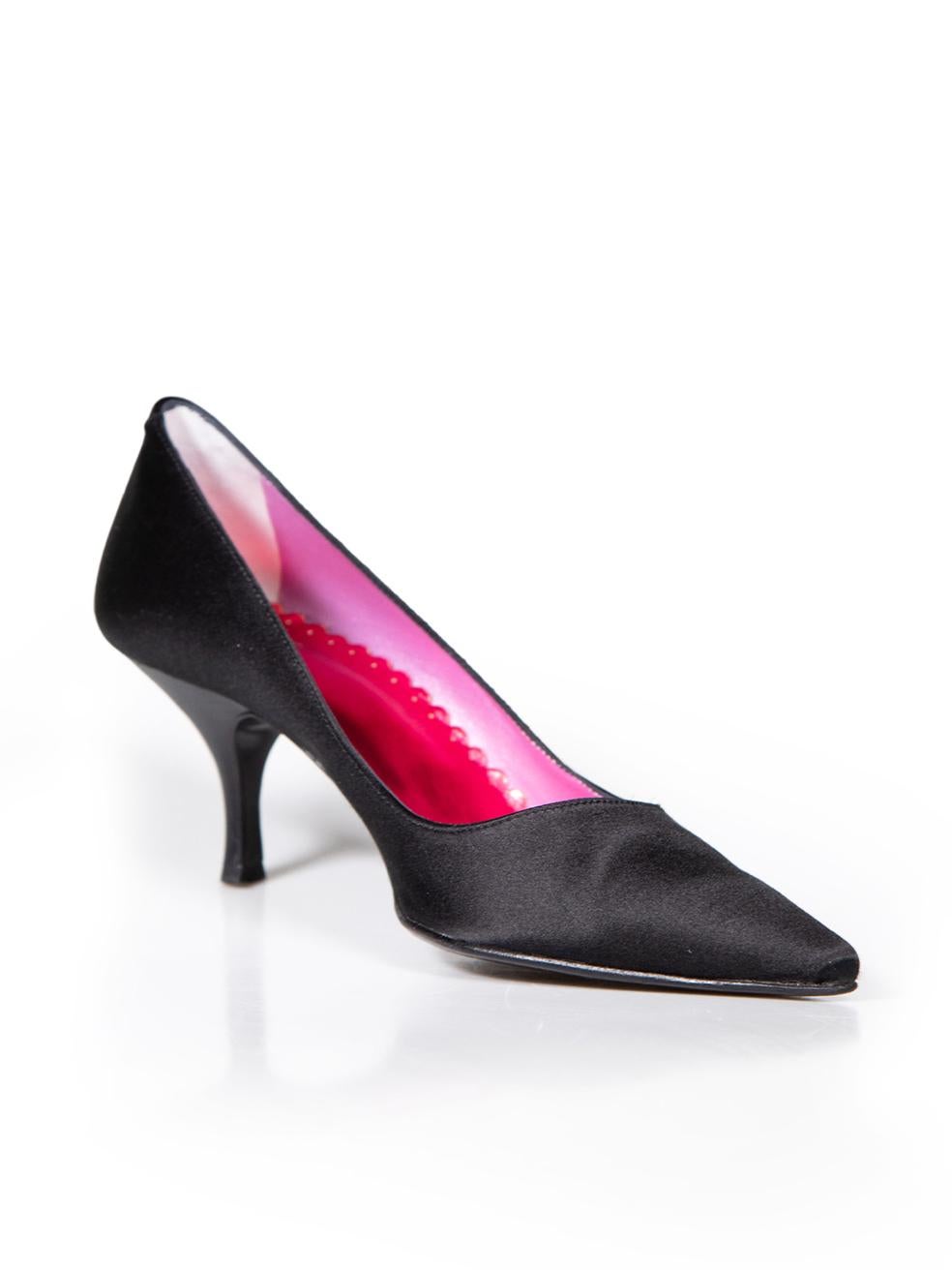 CONDITION is Very good. Minimal wear to pumps is evident. Small pluck to right side of right shoe. Small indent to back of left heel and minimal wear to soles on this used Mascaró designer resale item.
 
 
 
 Details
 
 
 Black
 
 Satin
 
 Pumps
 

