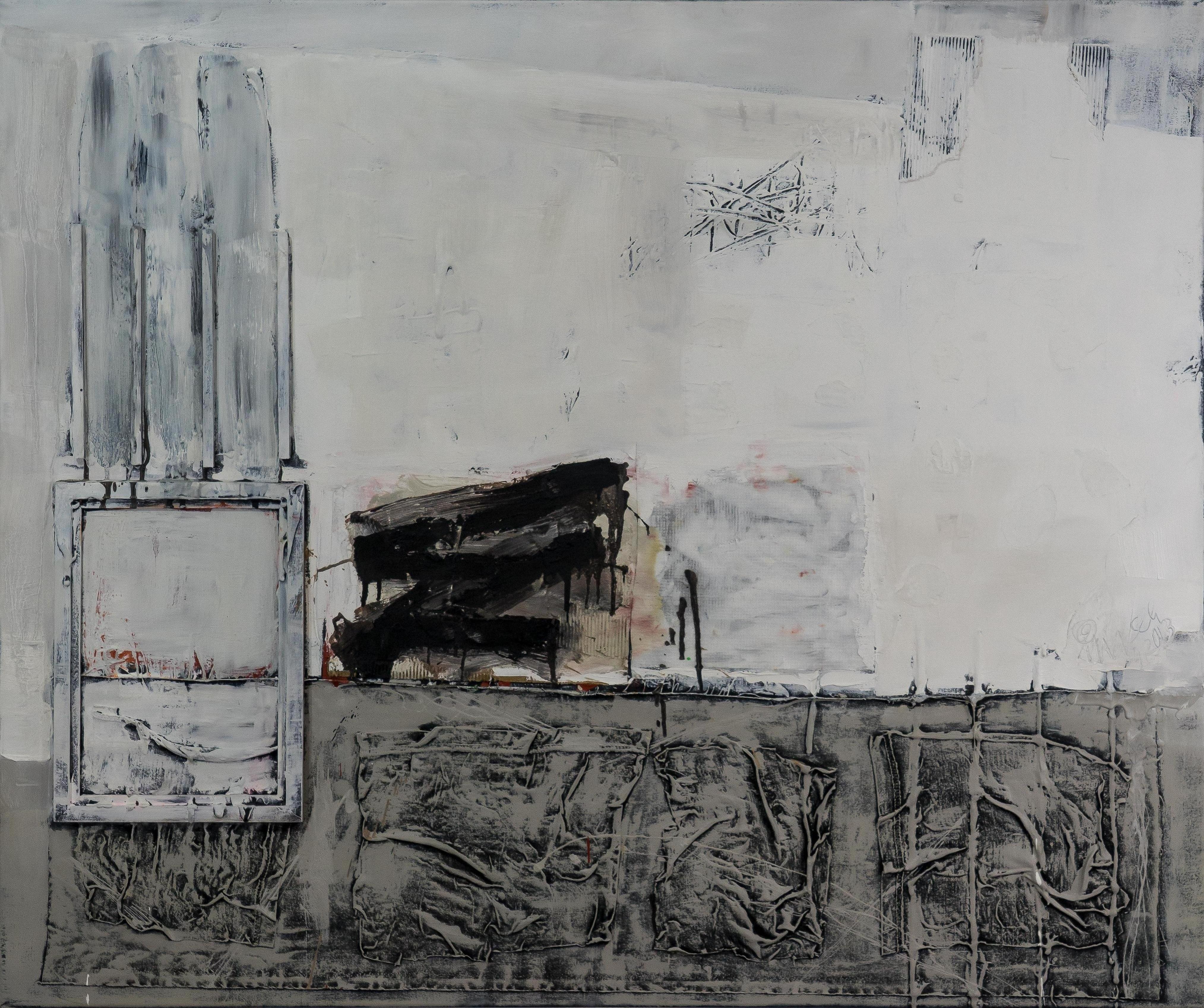Abstract Painting di MASCH (Manfred Schulzke) - New Generation 1 - Pittura astratta, Bianco, Grigio, Olio, 21° secolo, Stratificato