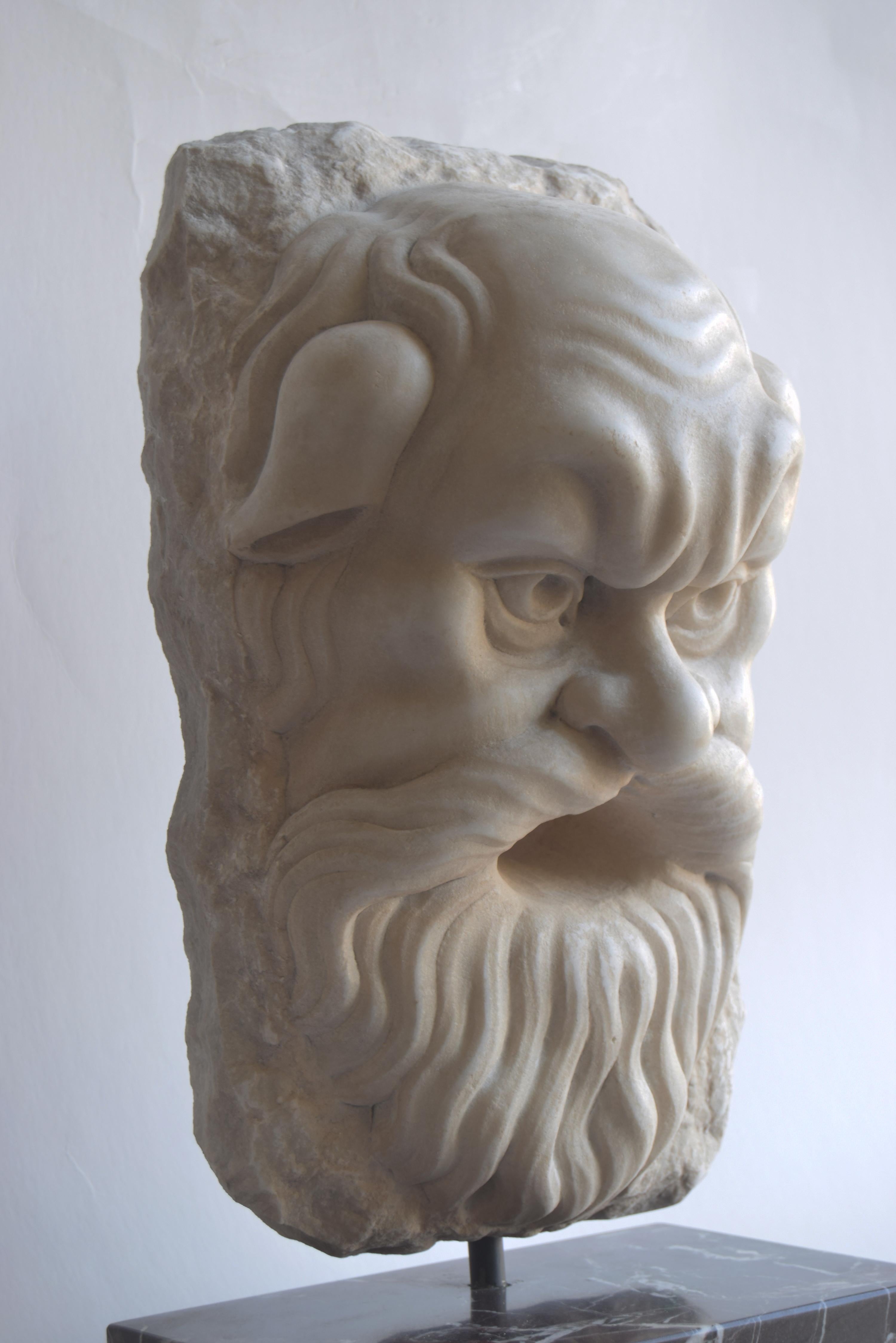 Greco Roman Theatrical mask of satyr carved on white Carrara marble -made in Italy For Sale