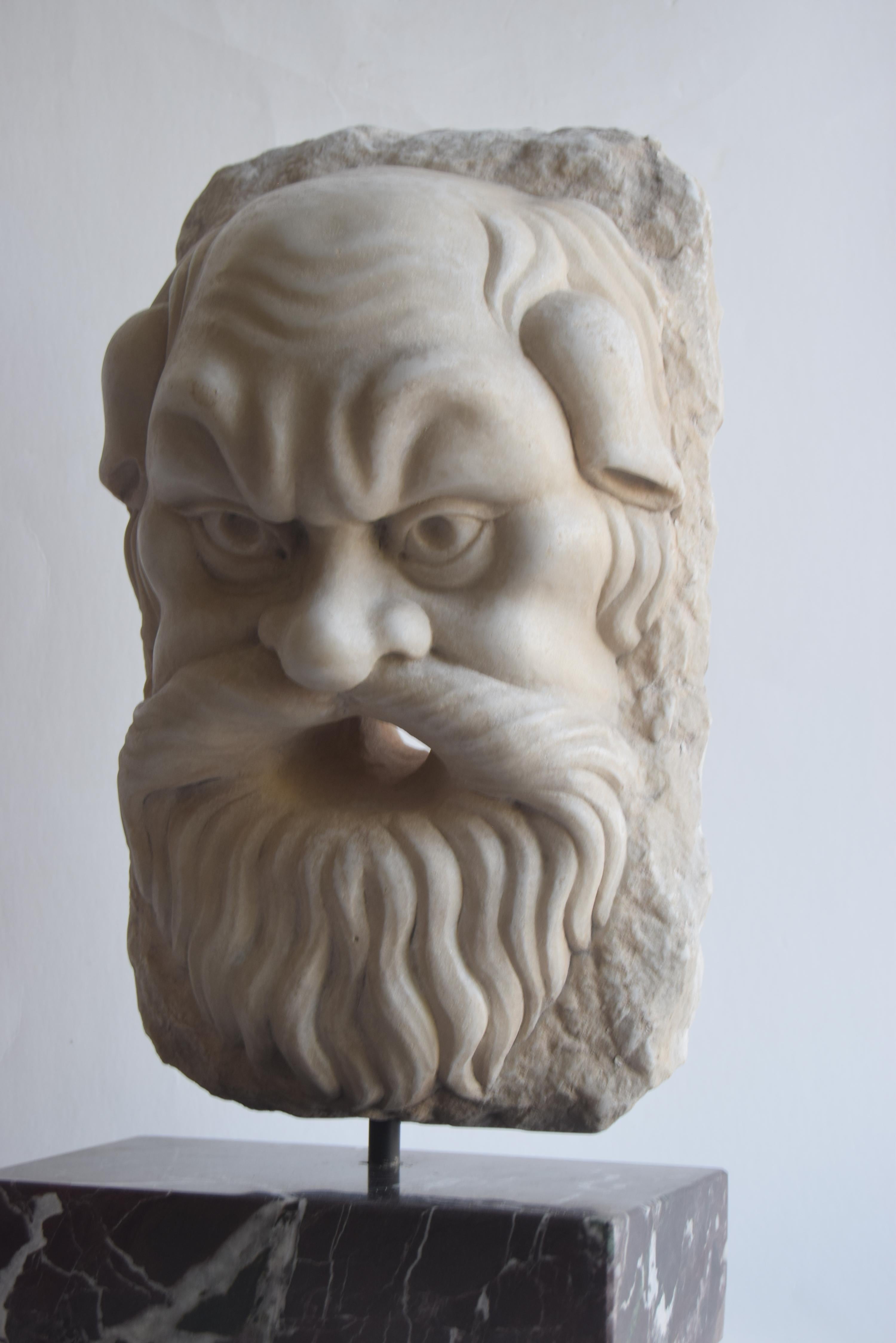 Italian Theatrical mask of satyr carved on white Carrara marble -made in Italy For Sale