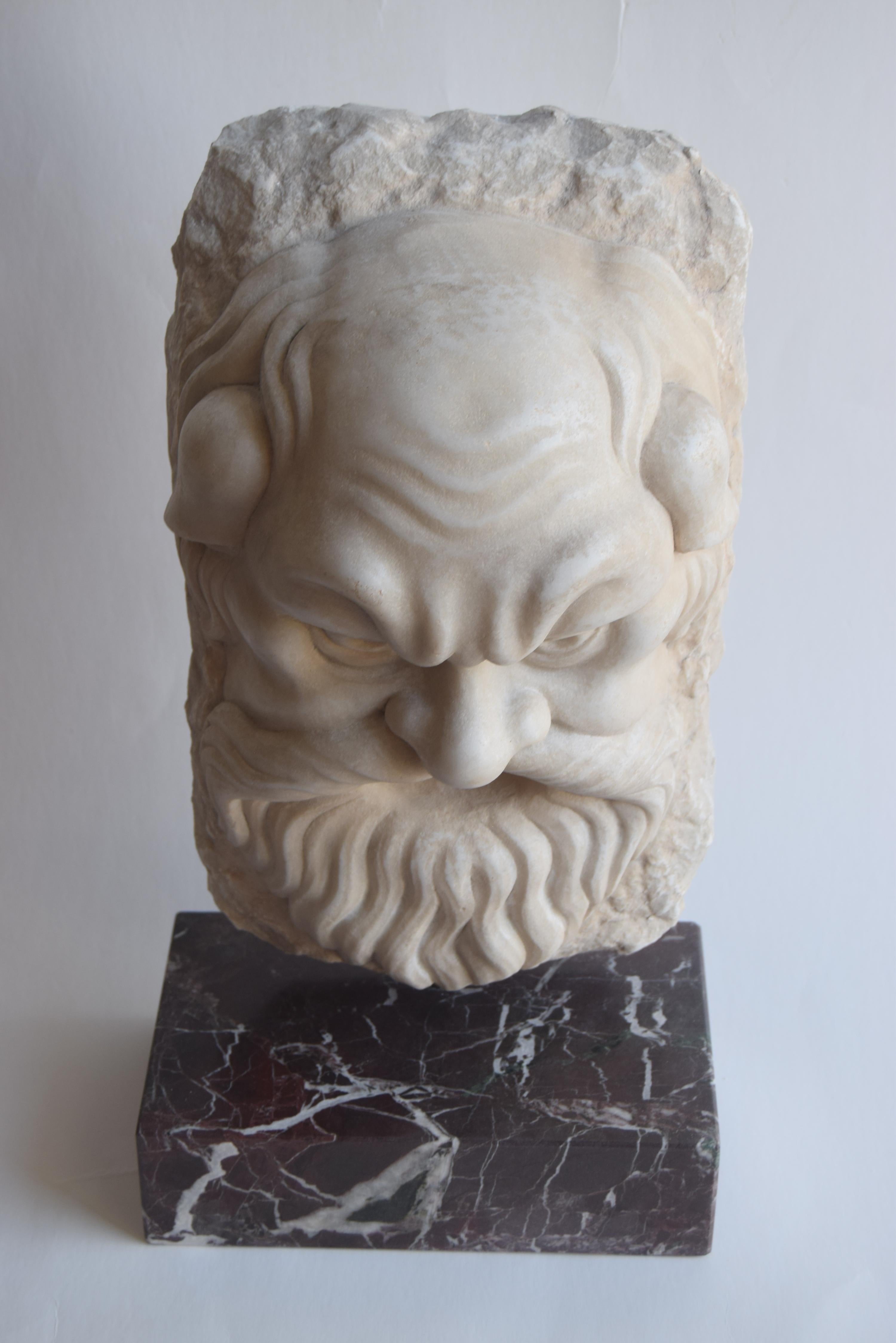 Hand-Crafted Theatrical mask of satyr carved on white Carrara marble -made in Italy For Sale