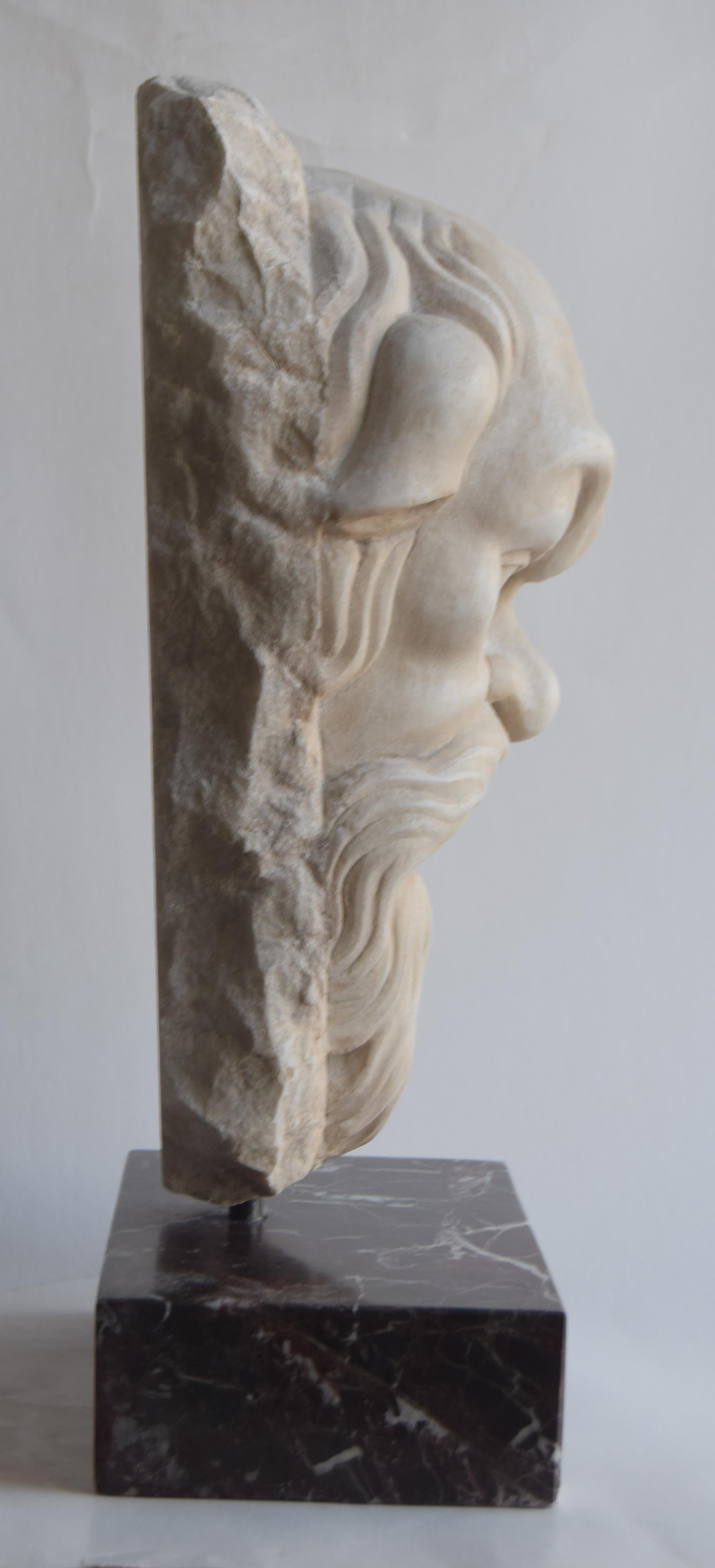 Contemporary Theatrical mask of satyr carved on white Carrara marble -made in Italy For Sale