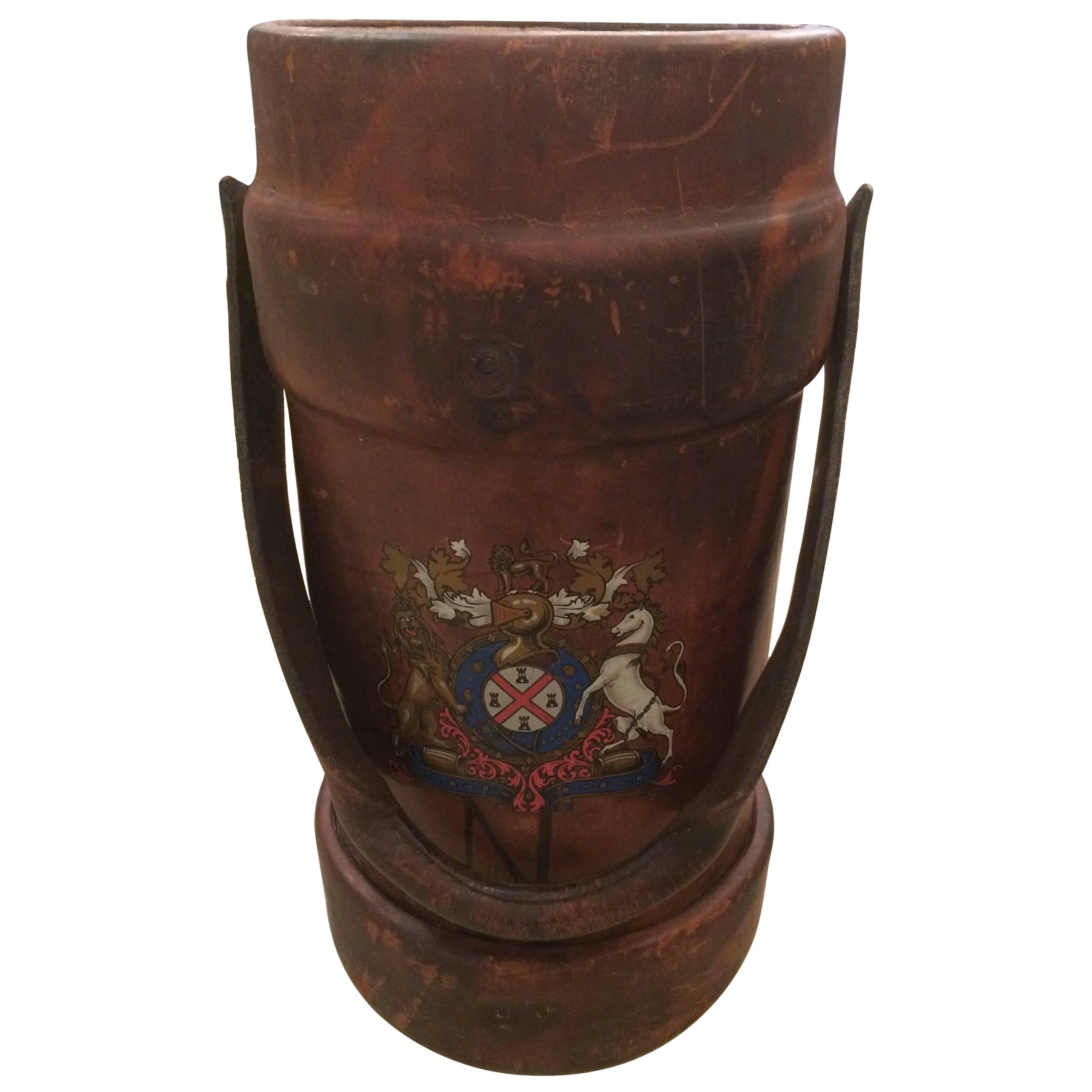 Masculine 19th Century Leather Cordite Case or Bucket with Hand-Painted Crest