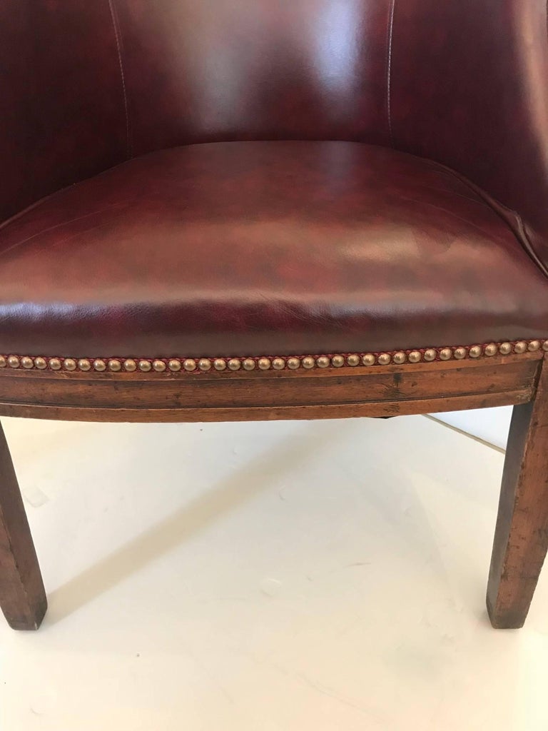 Masculine Antique English Barrel Back Leather Tub Chair at 1stDibs