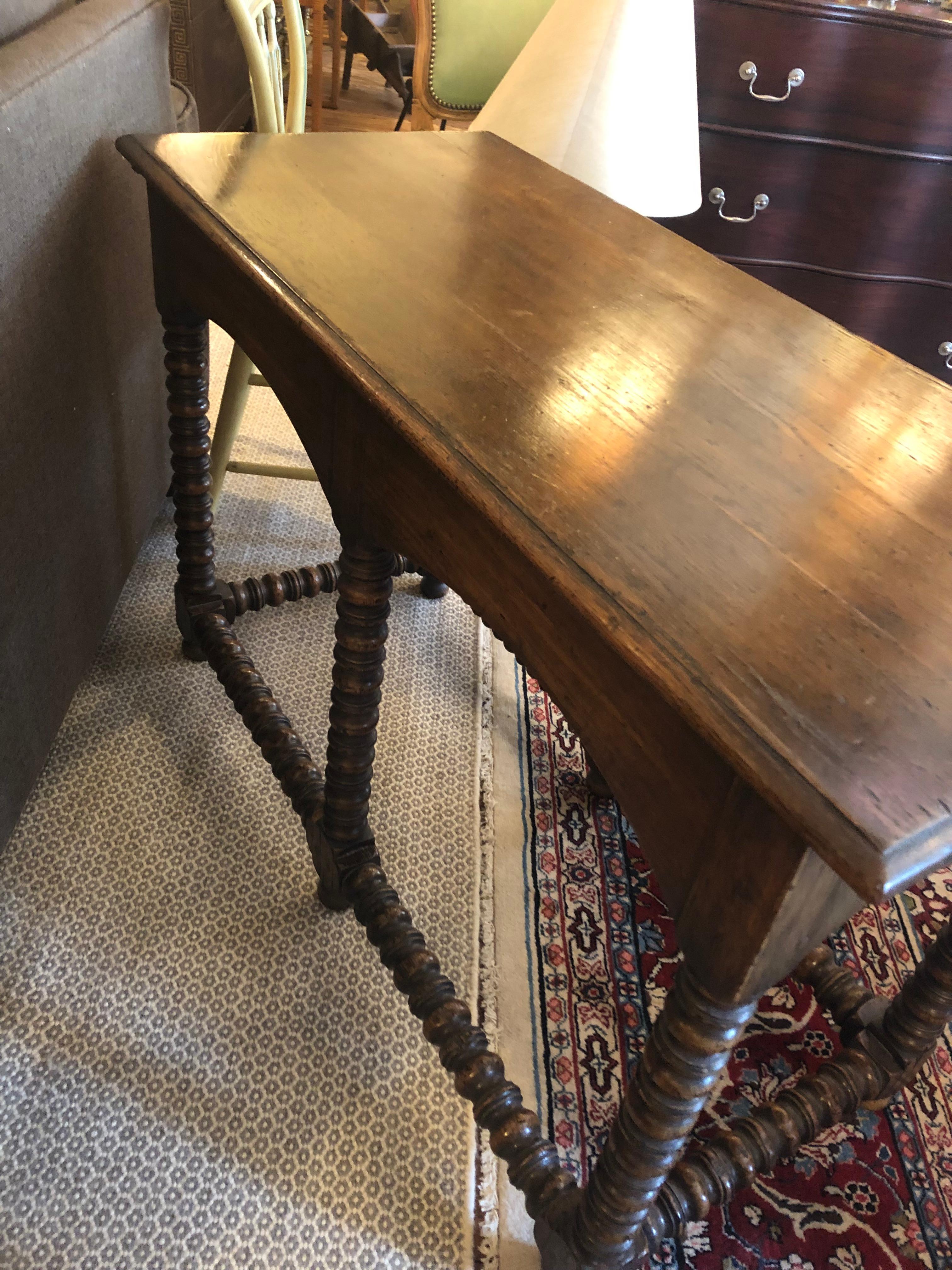 Masculine Antique Oak Console Sofaback Table with Barley Twist Base 6