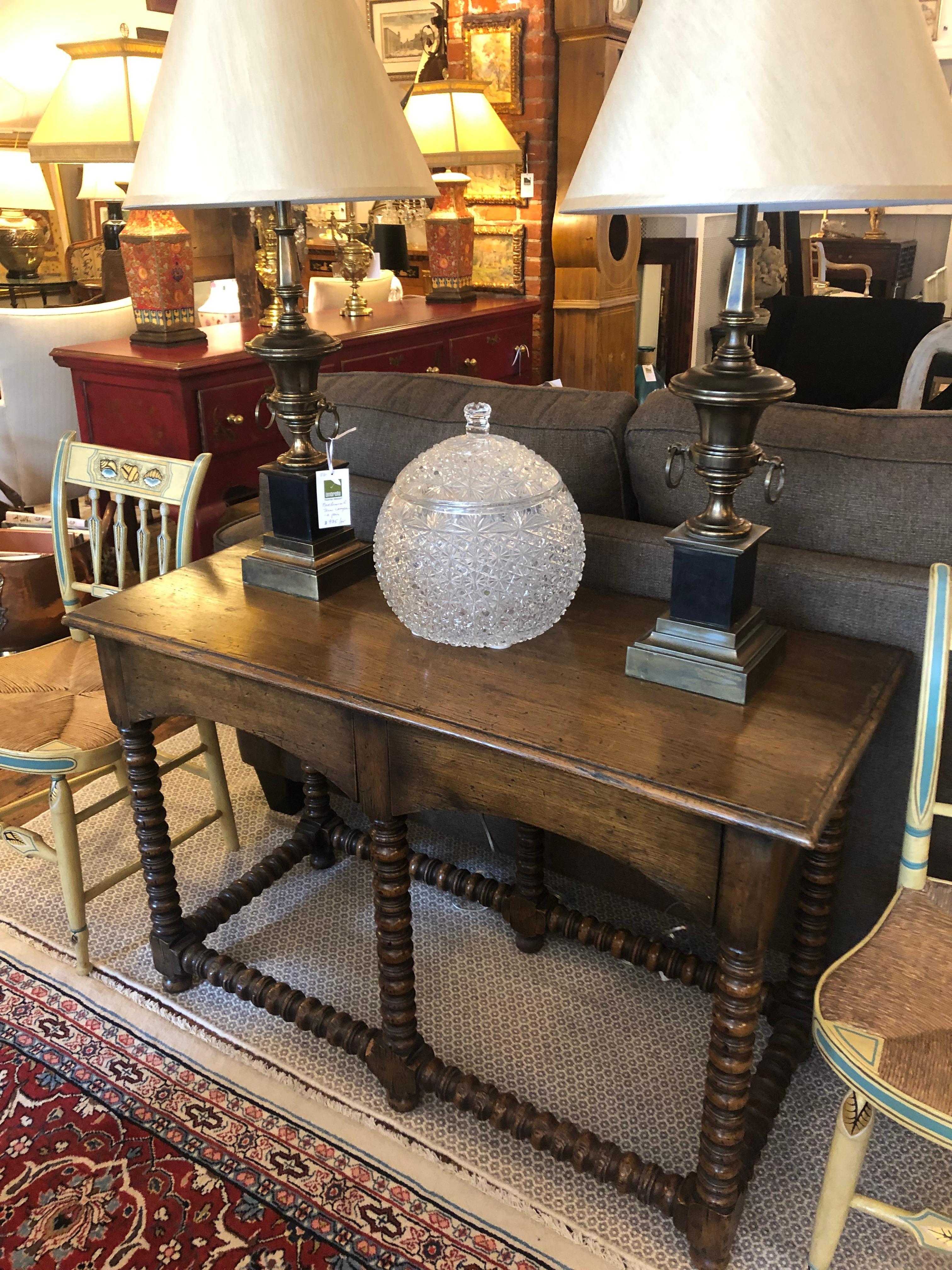 Masculine Antique Oak Console Sofaback Table with Barley Twist Base In Good Condition In Hopewell, NJ