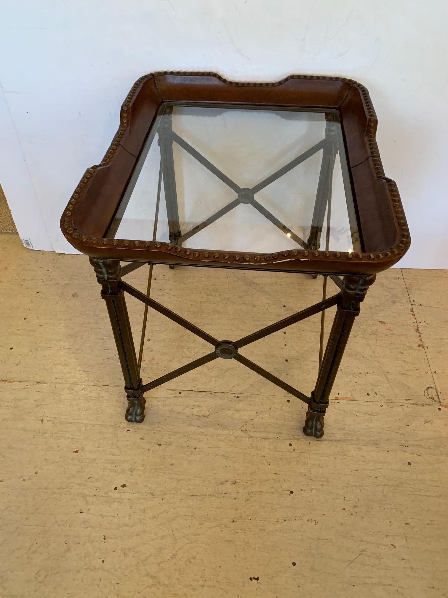 Masculine Glass and Leather Side End Table with Campaign Style Base In Good Condition In Hopewell, NJ