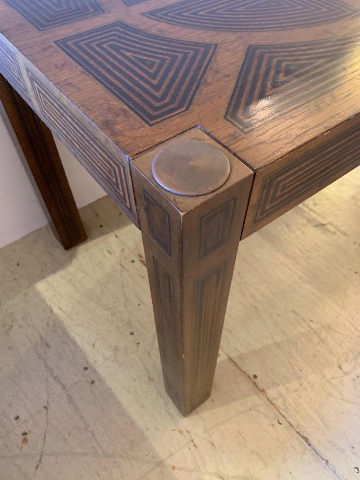 Masculine Inlaid Wood Rectangular End Table with Geometric Decoration For Sale 1