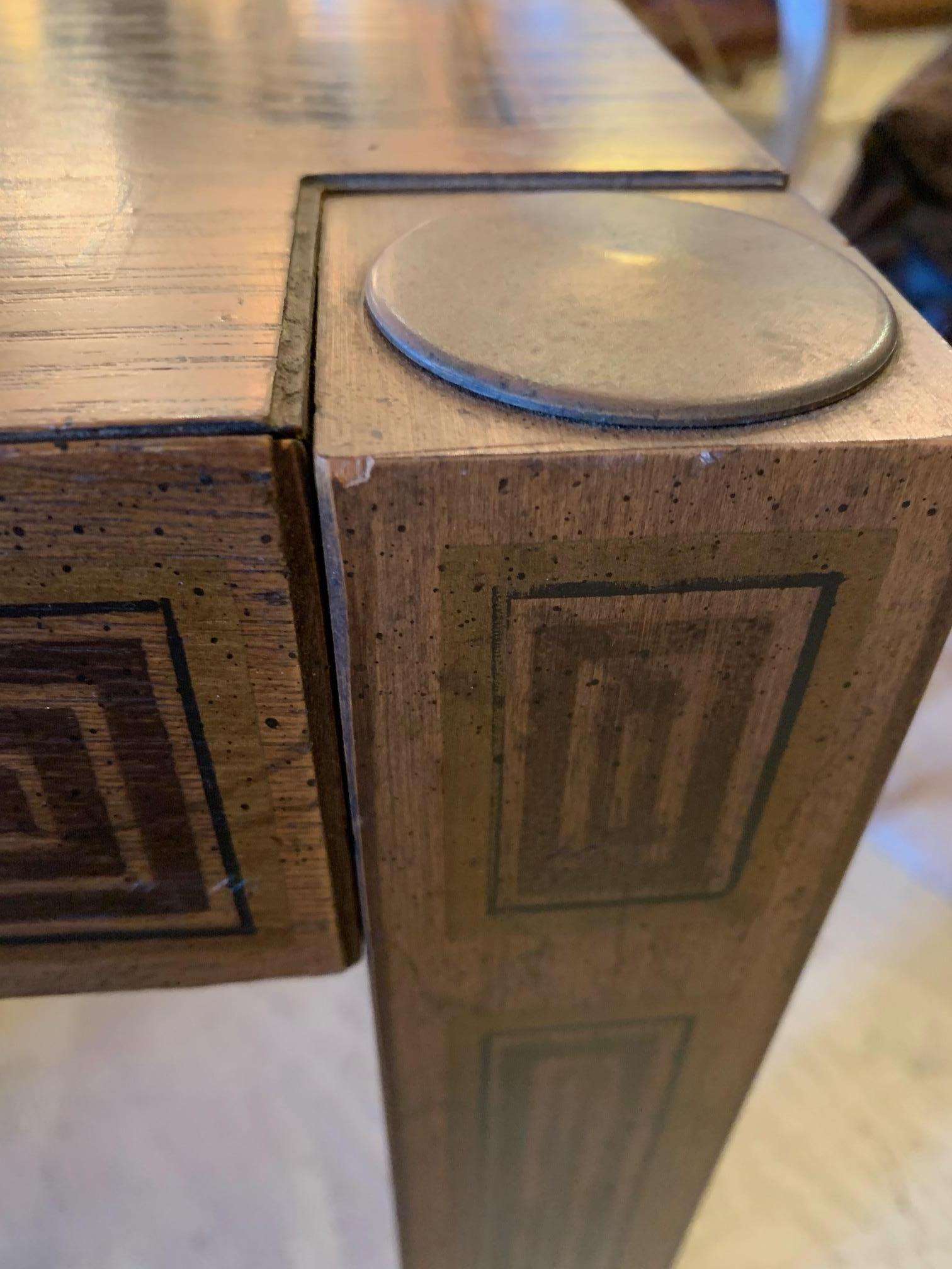 Neoclassical Masculine Inlaid Wood Rectangular End Table with Geometric Decoration For Sale