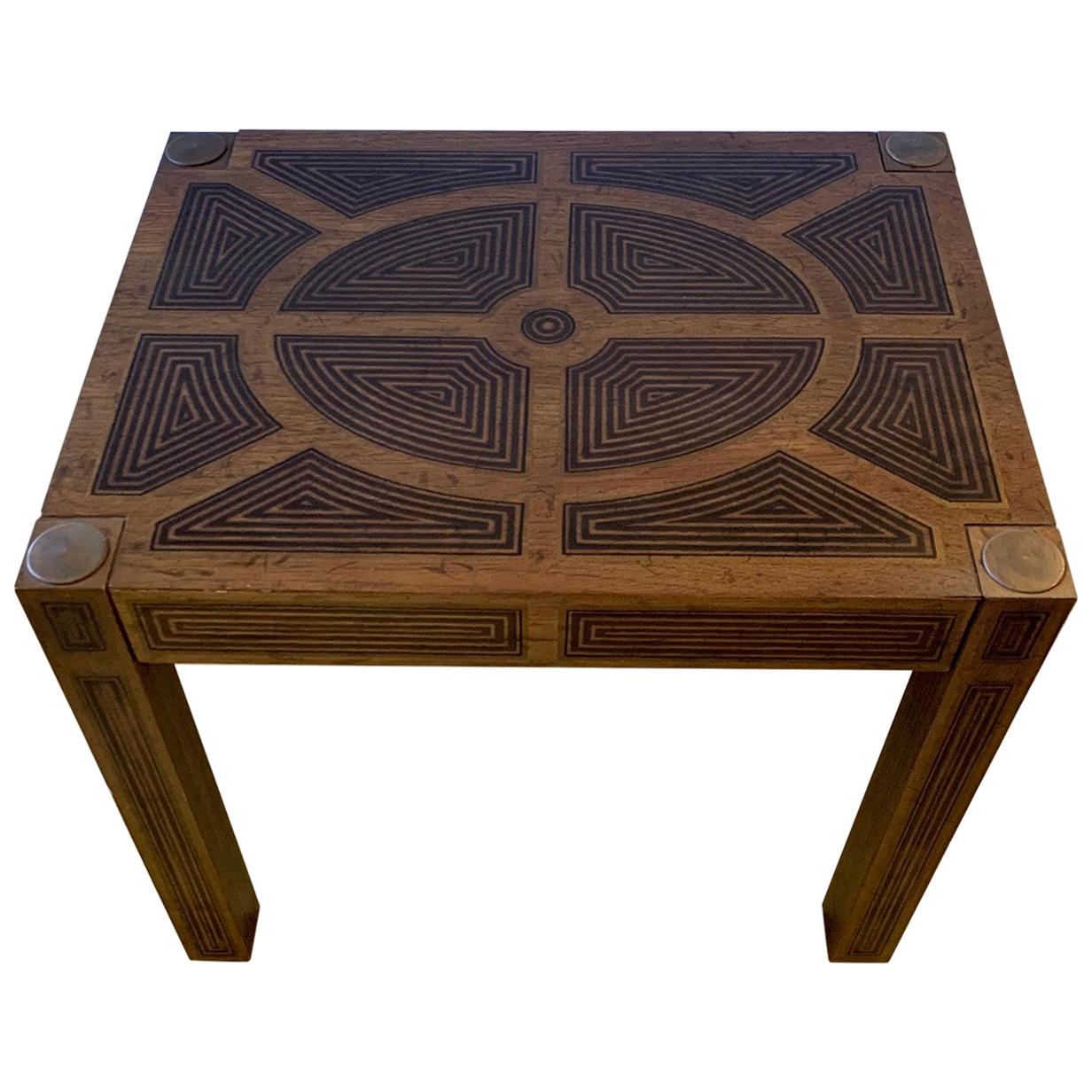 Masculine Inlaid Wood Rectangular End Table with Geometric Decoration