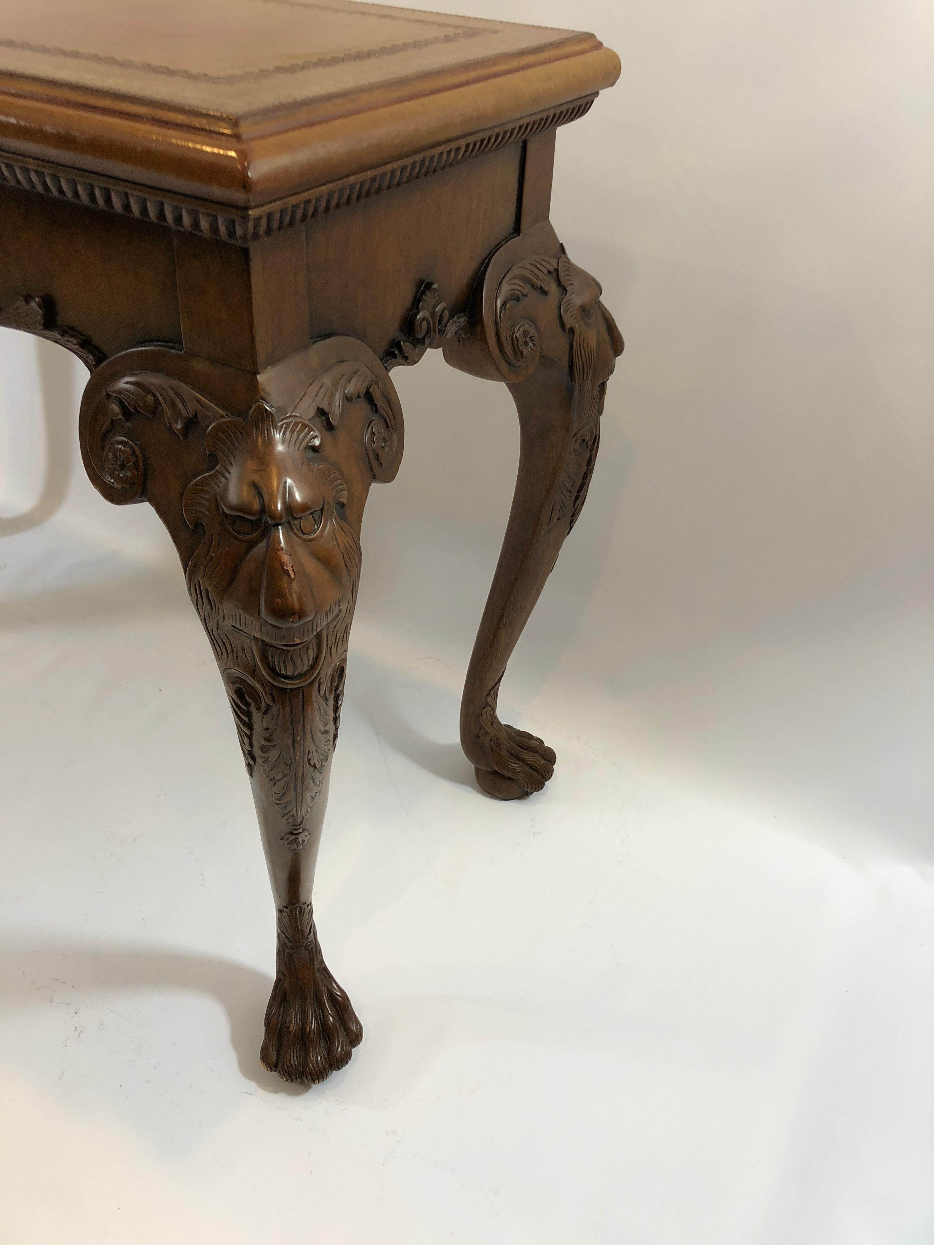 Late 20th Century Masculine Lion and Leather Adorned Fruitwood Maitland Smith Console Table
