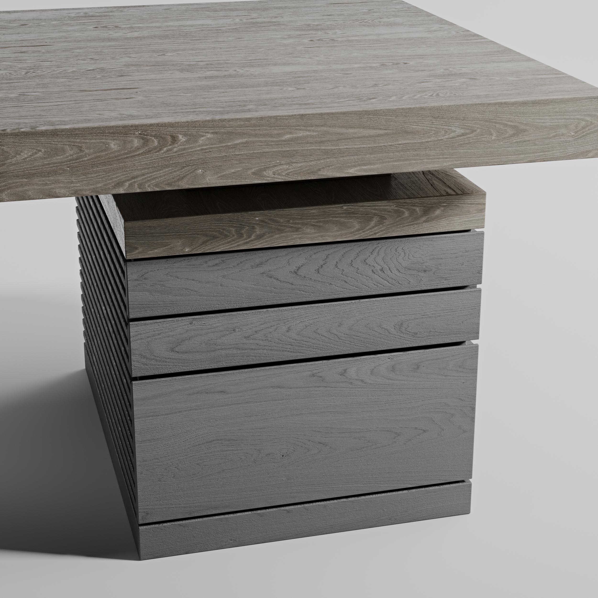Ce bureau, qui s'impose dans tout espace de travail, est une étude sculpturale de la forme, de la force et du contraste. L'un des pieds s'arque en une courbe audacieuse - un geste expressif qui introduit le mouvement et la modernité - tandis que