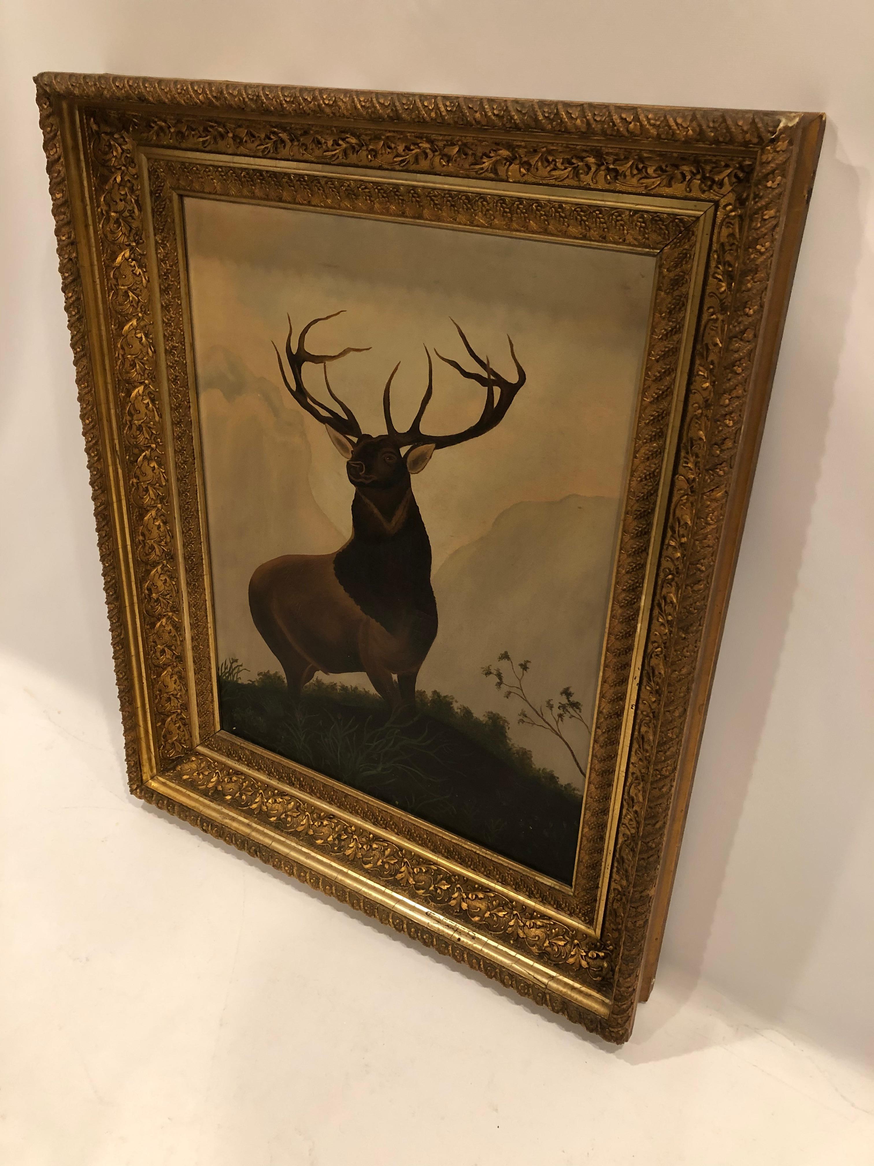 American Masculine Moody Original 19th Century Painting of a Proud Buck Deer For Sale