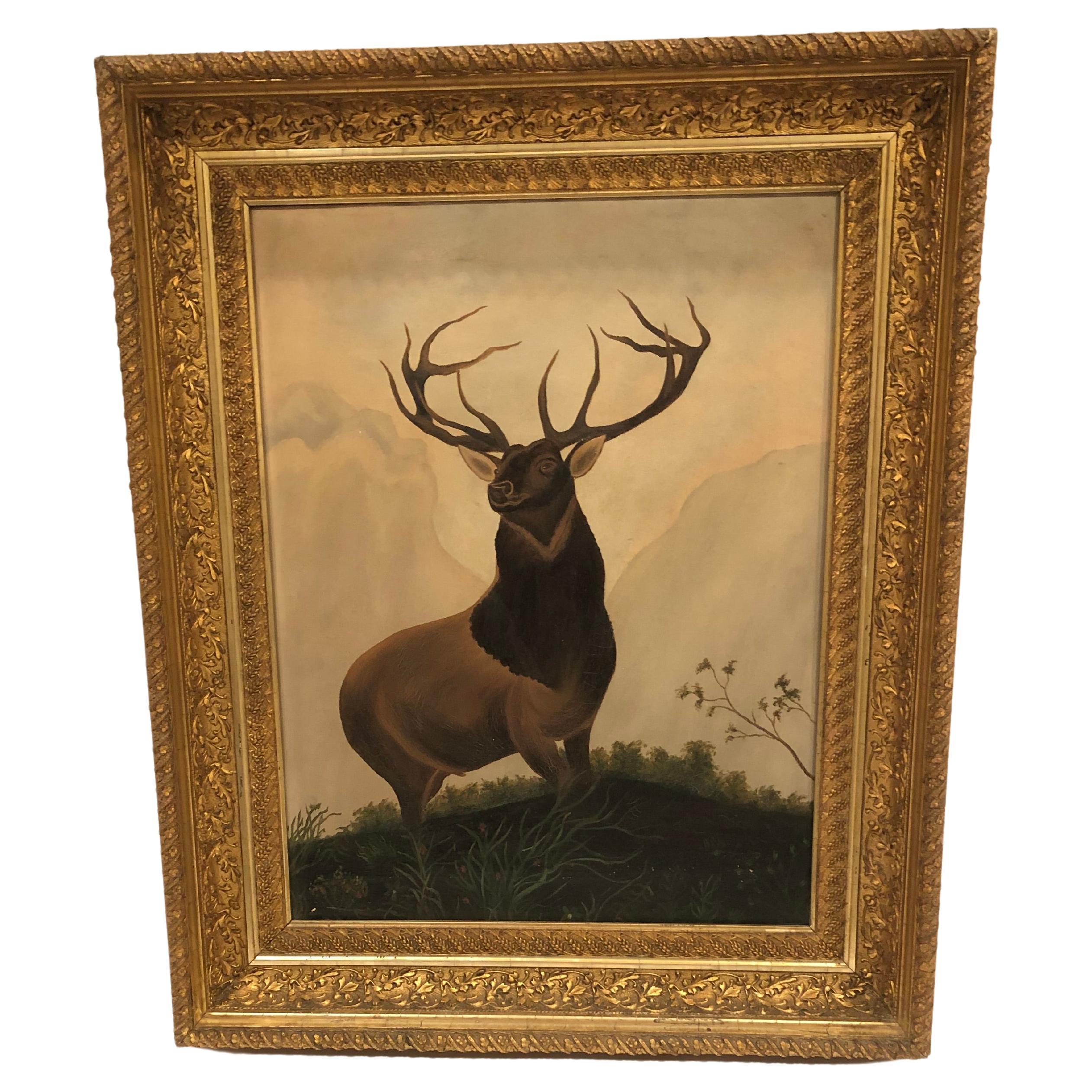 Masculine Moody Original 19th Century Painting of a Proud Buck Deer