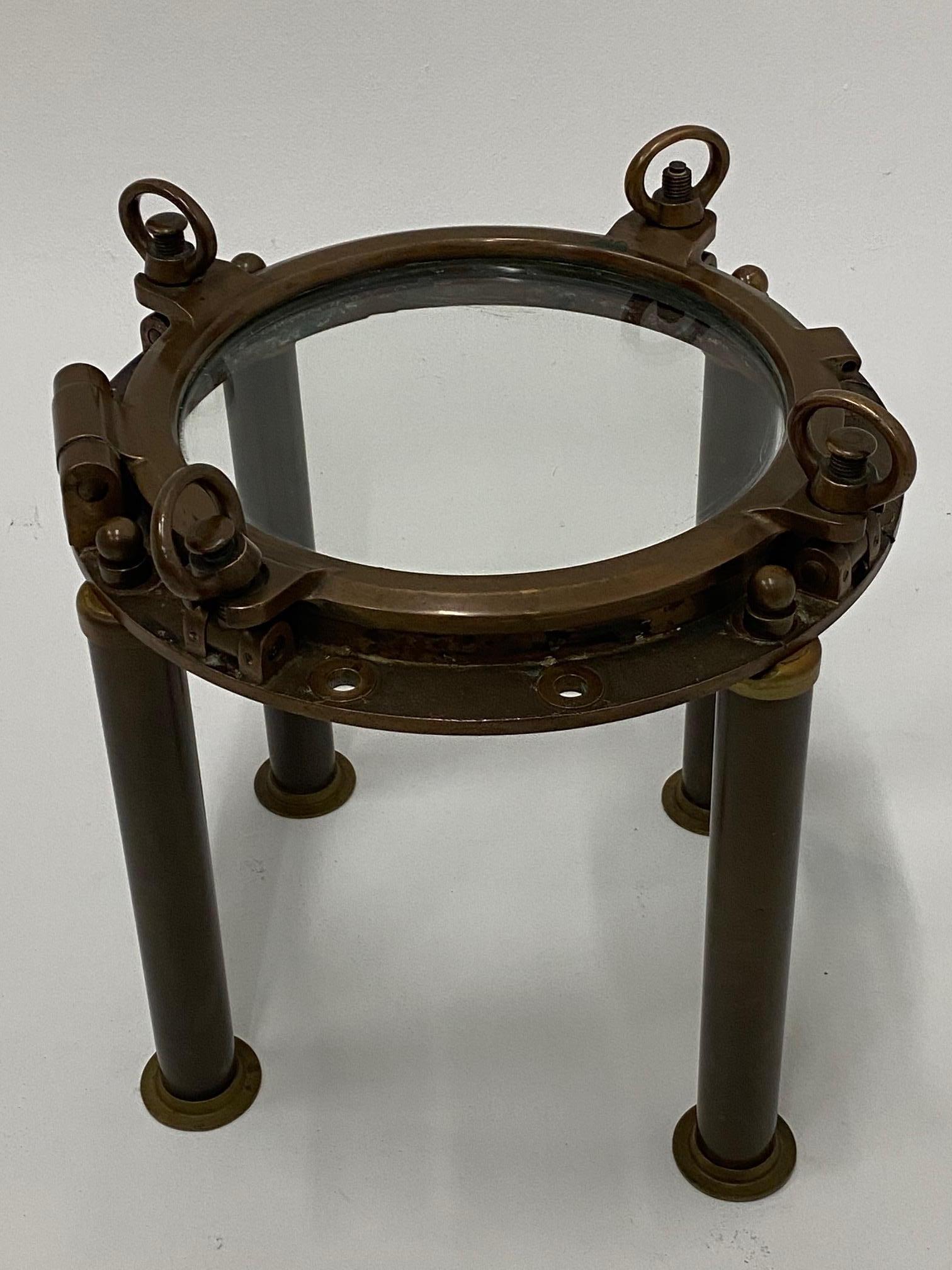 Masculine Nautical Antique Brass Porthole End Table For Sale 2