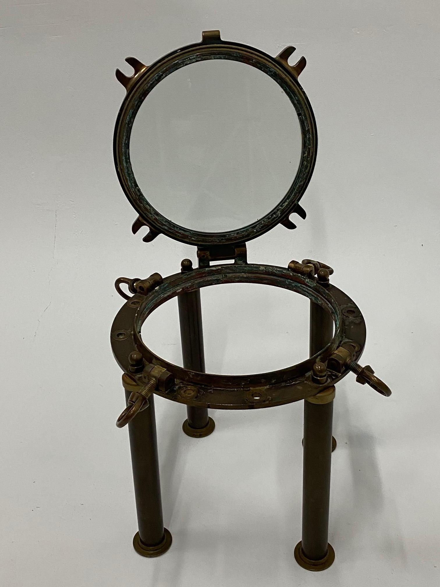 Early 20th Century Masculine Nautical Antique Brass Porthole End Table For Sale