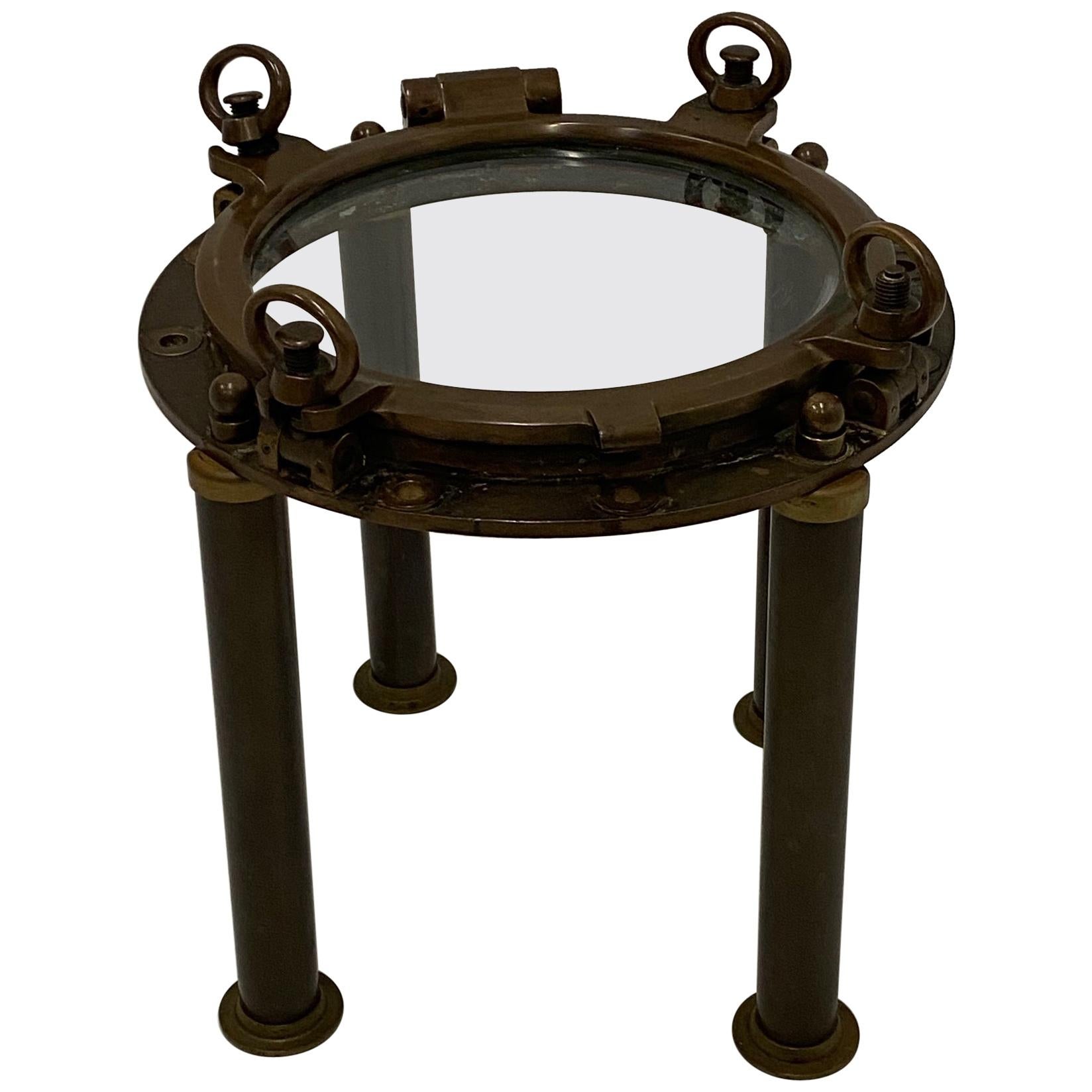 Masculine Nautical Antique Brass Porthole End Table For Sale