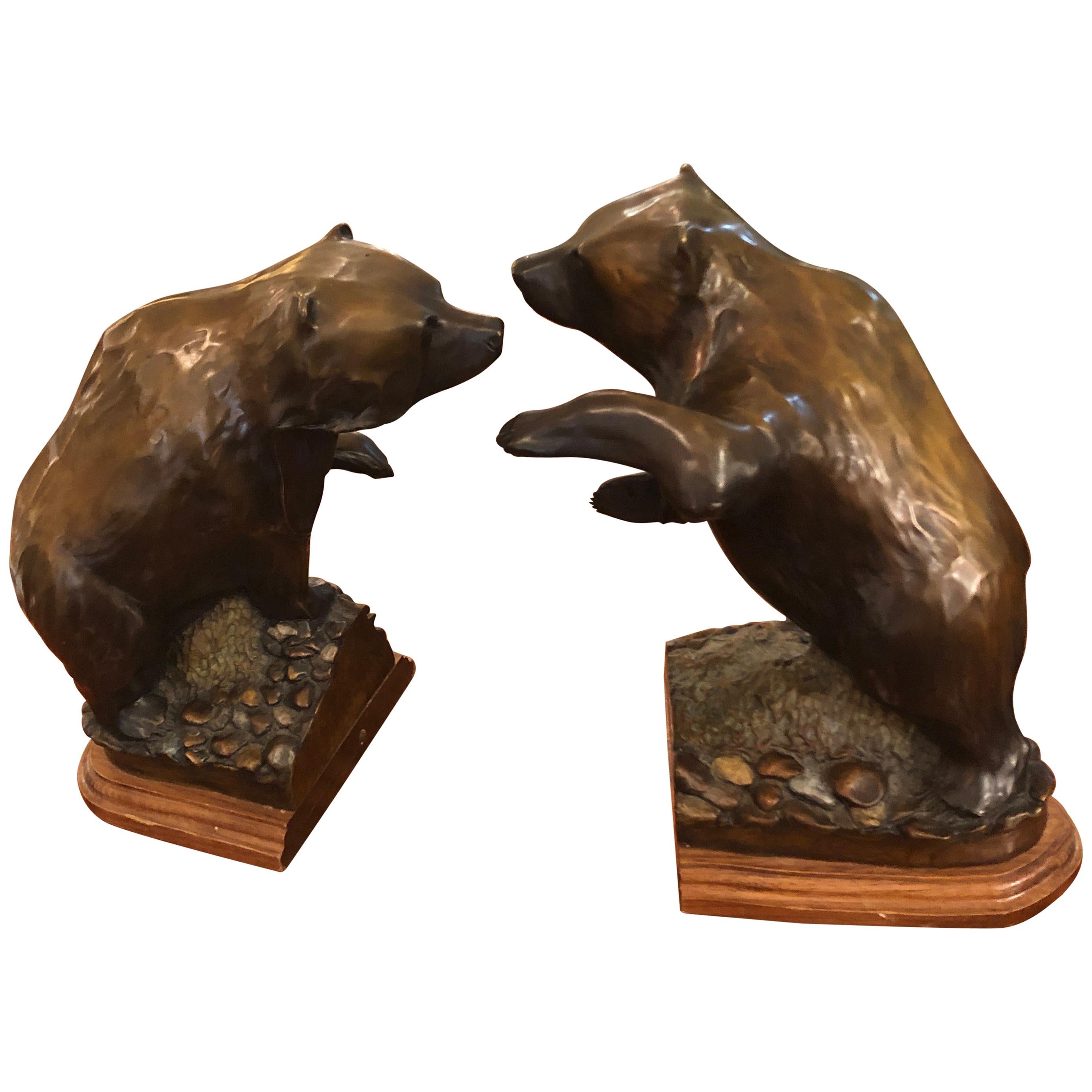 Masculine Pair of Bronze Bear Bookends