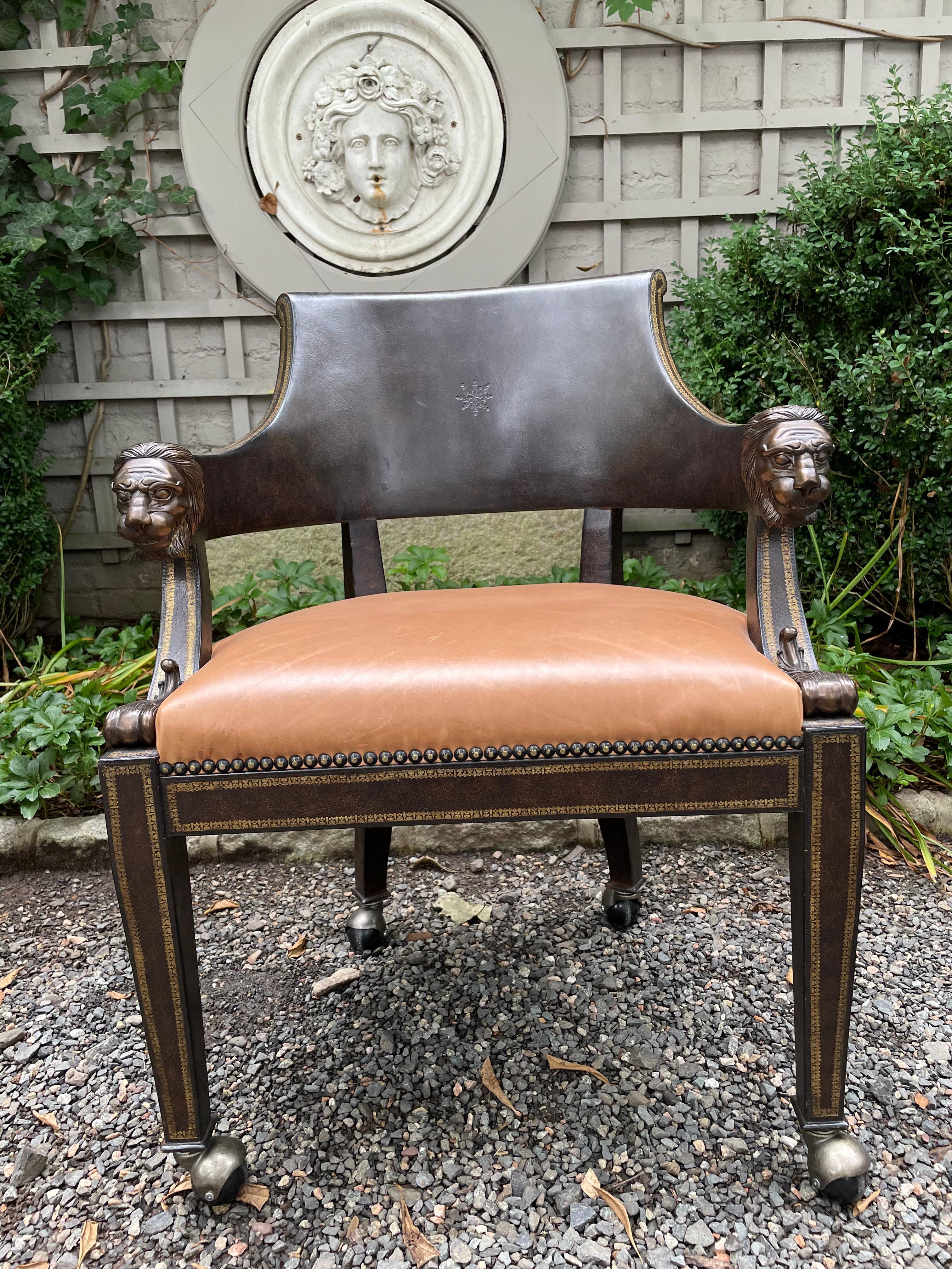 Neoclassical Masculine Pair of Leather Embossed Armchairs with Bronze Lion Arm Rests