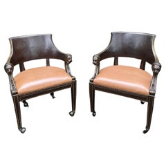 Masculine Pair of Leather Embossed Armchairs with Bronze Lion Arm Rests