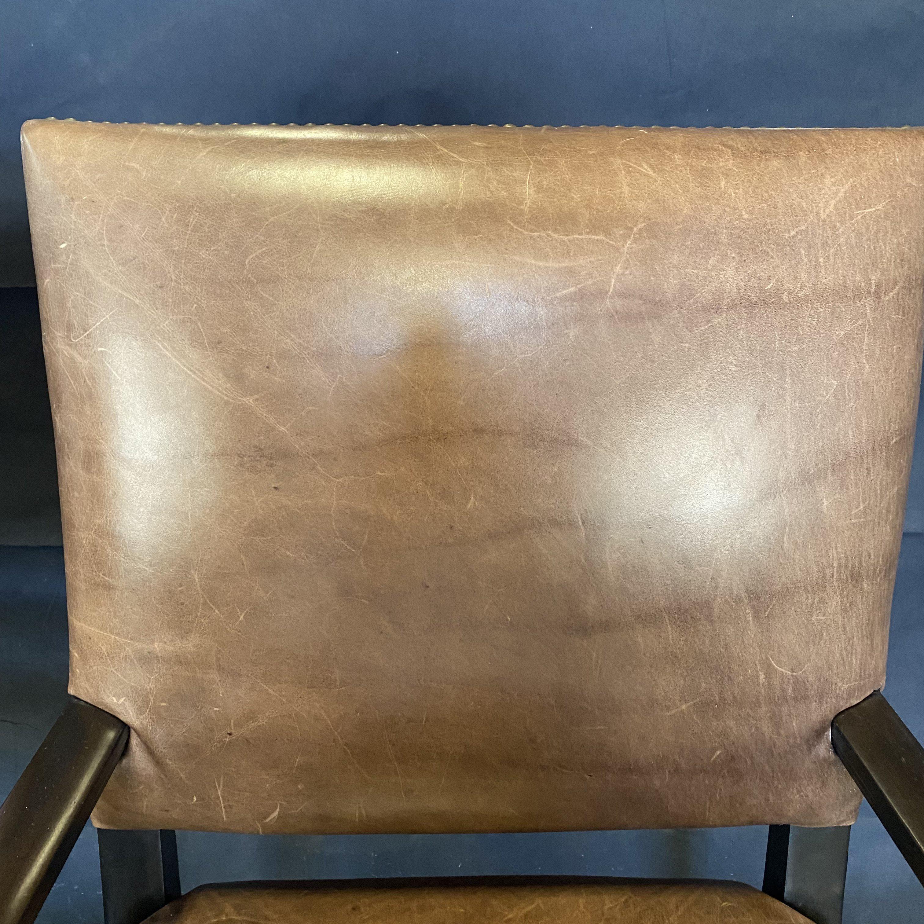 Masculine Pair of Tobacco Brown Leather Armchairs with Nailhead Trim 5