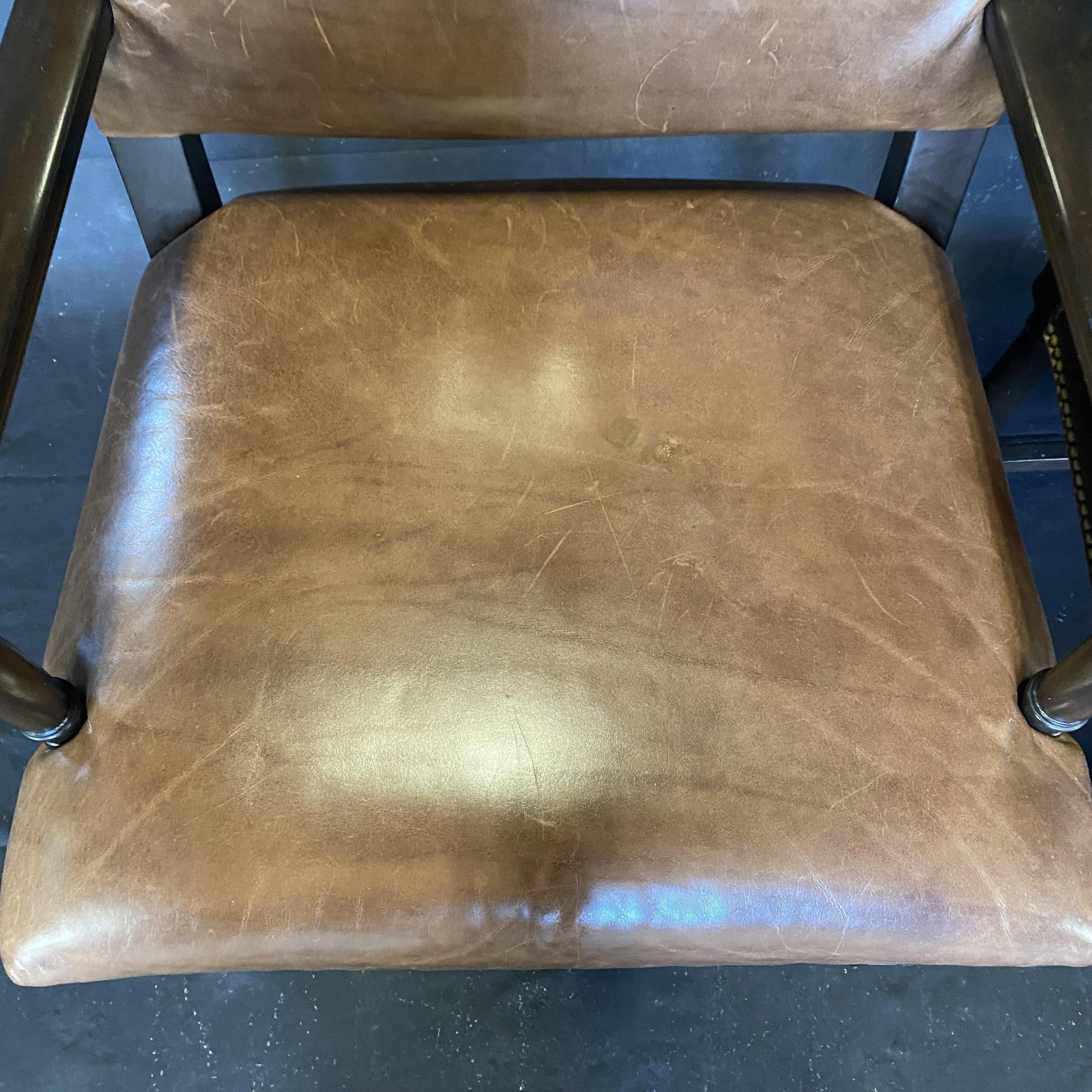 Masculine Pair of Tobacco Brown Leather Armchairs with Nailhead Trim In Good Condition In Hopewell, NJ