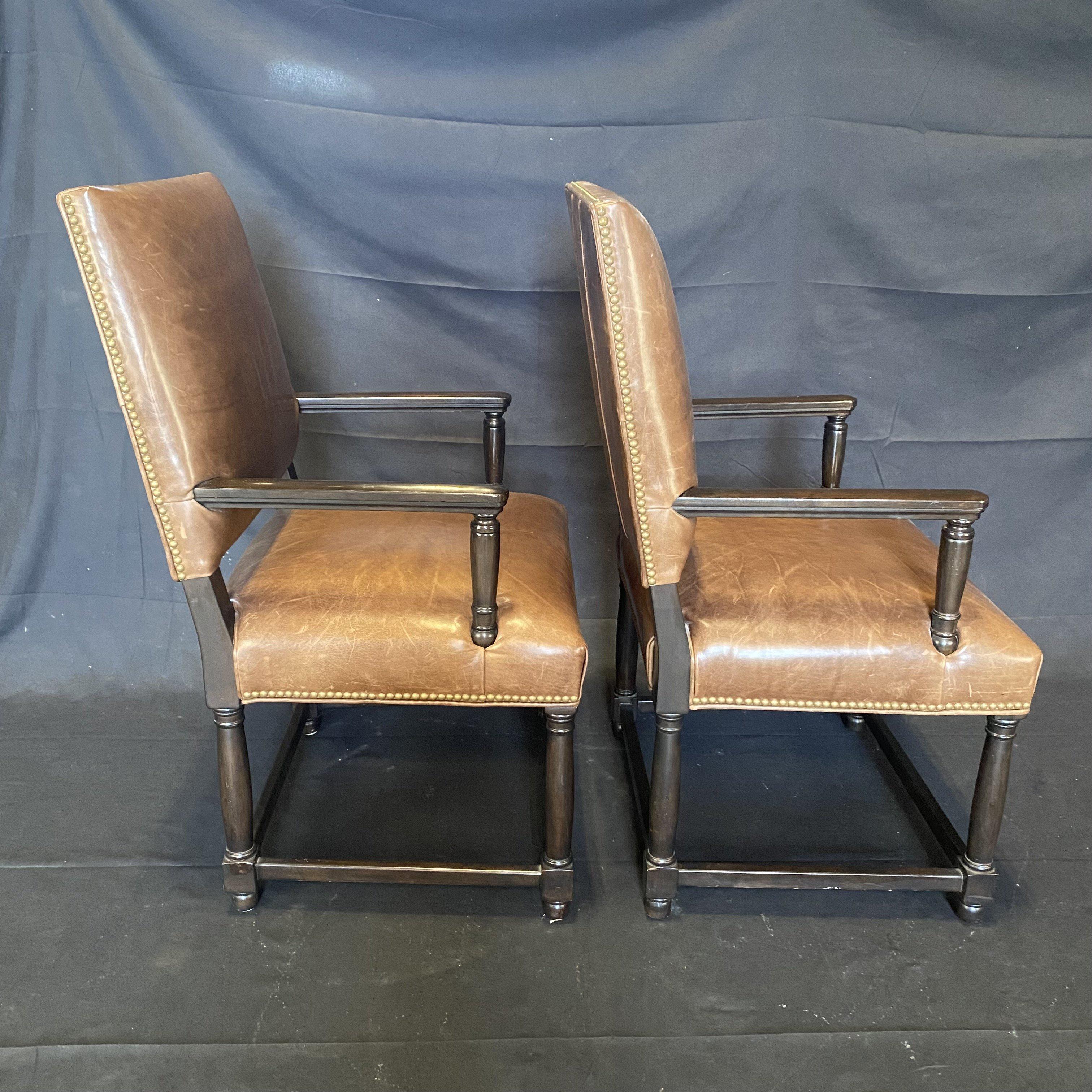 Late 20th Century Masculine Pair of Tobacco Brown Leather Armchairs with Nailhead Trim