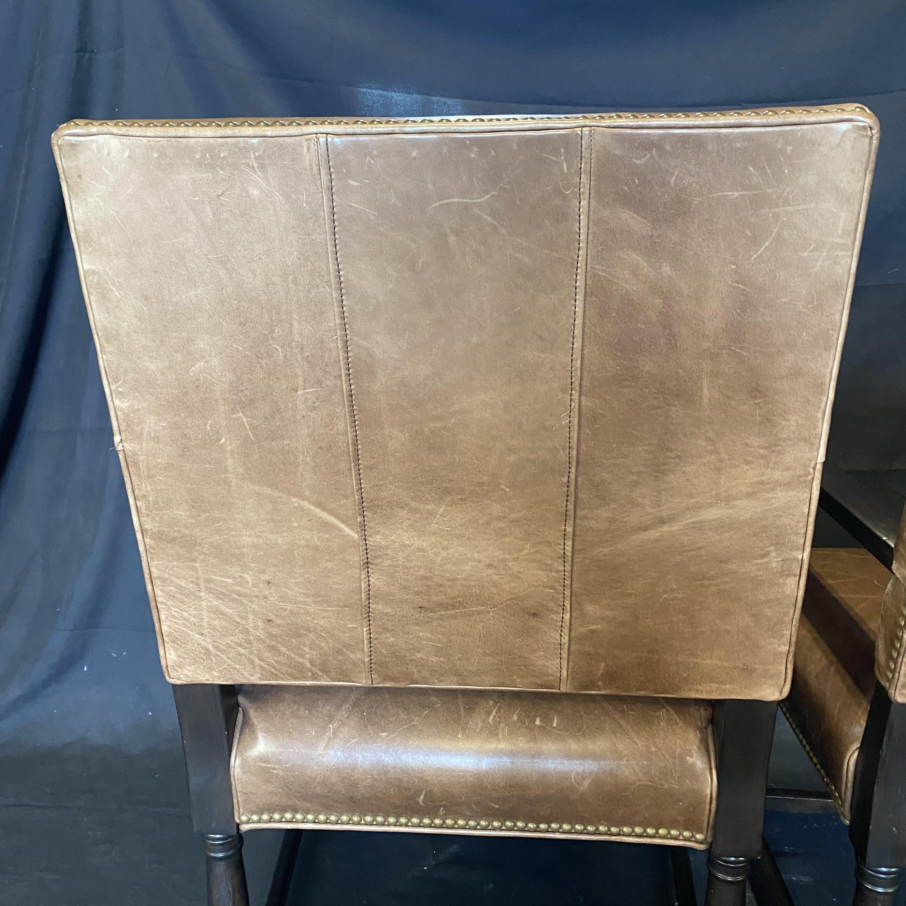 Masculine Pair of Tobacco Brown Leather Armchairs with Nailhead Trim 1