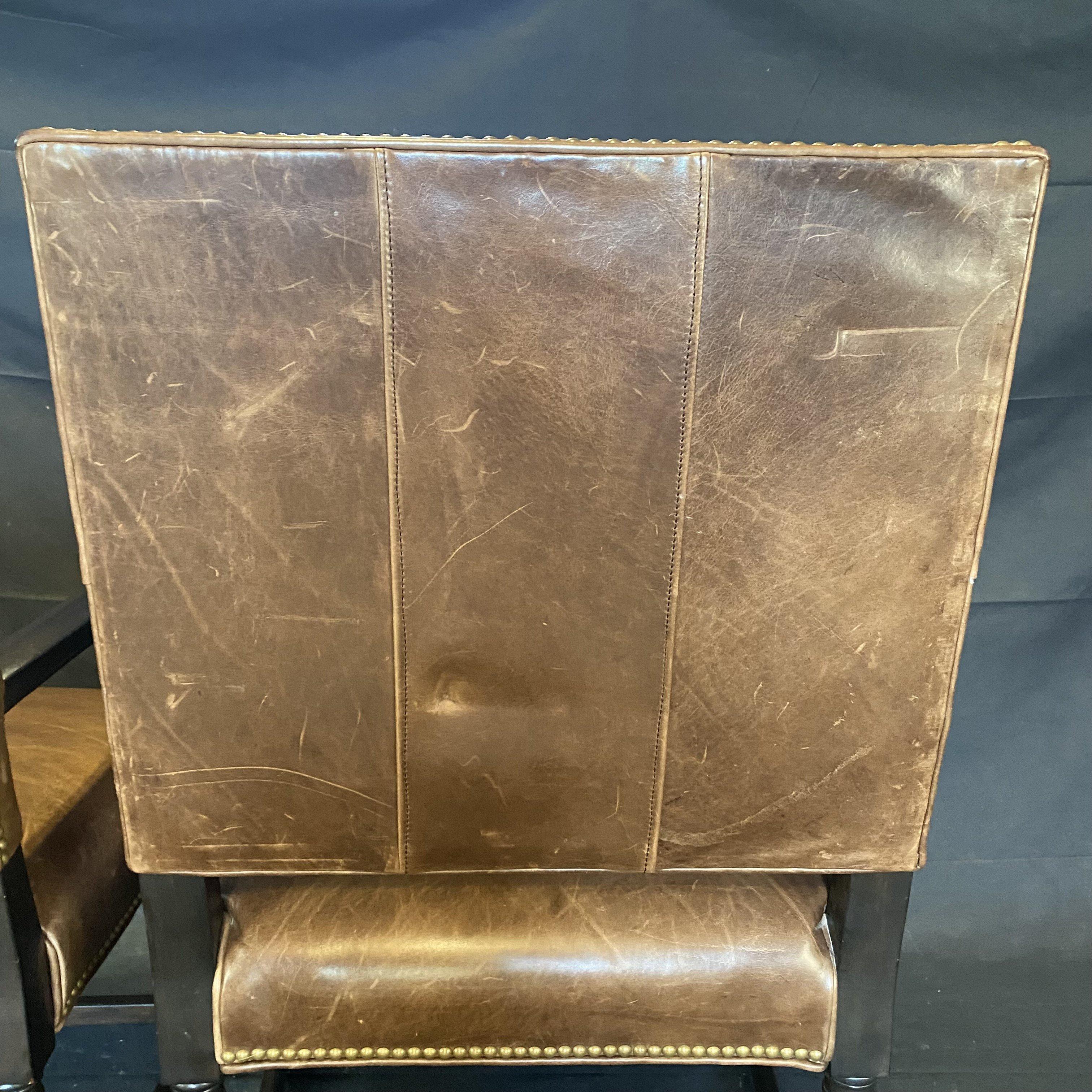 Masculine Pair of Tobacco Brown Leather Armchairs with Nailhead Trim 3