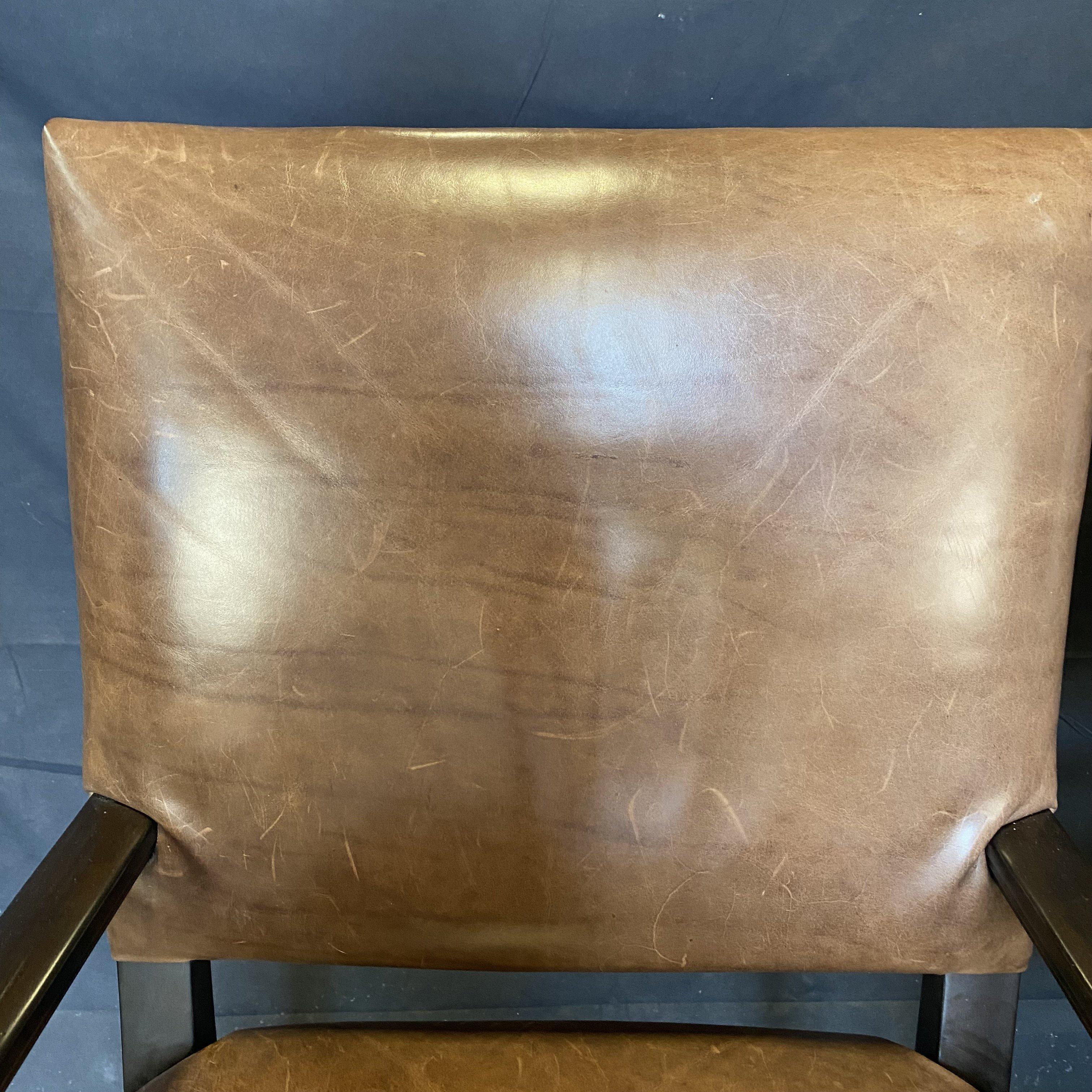 Masculine Pair of Tobacco Brown Leather Armchairs with Nailhead Trim 4