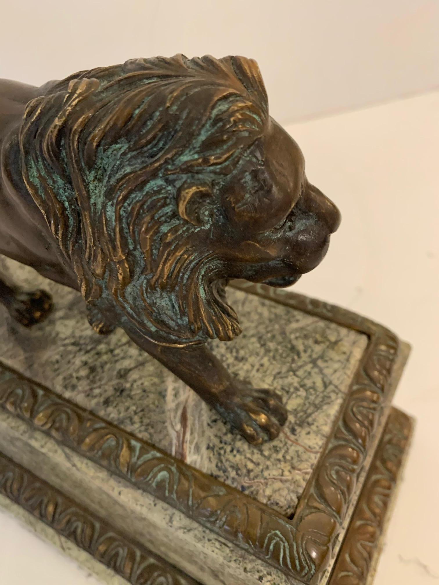 Neoclassical Masculine Rich Bronze Lion Sculpture on Marble Base