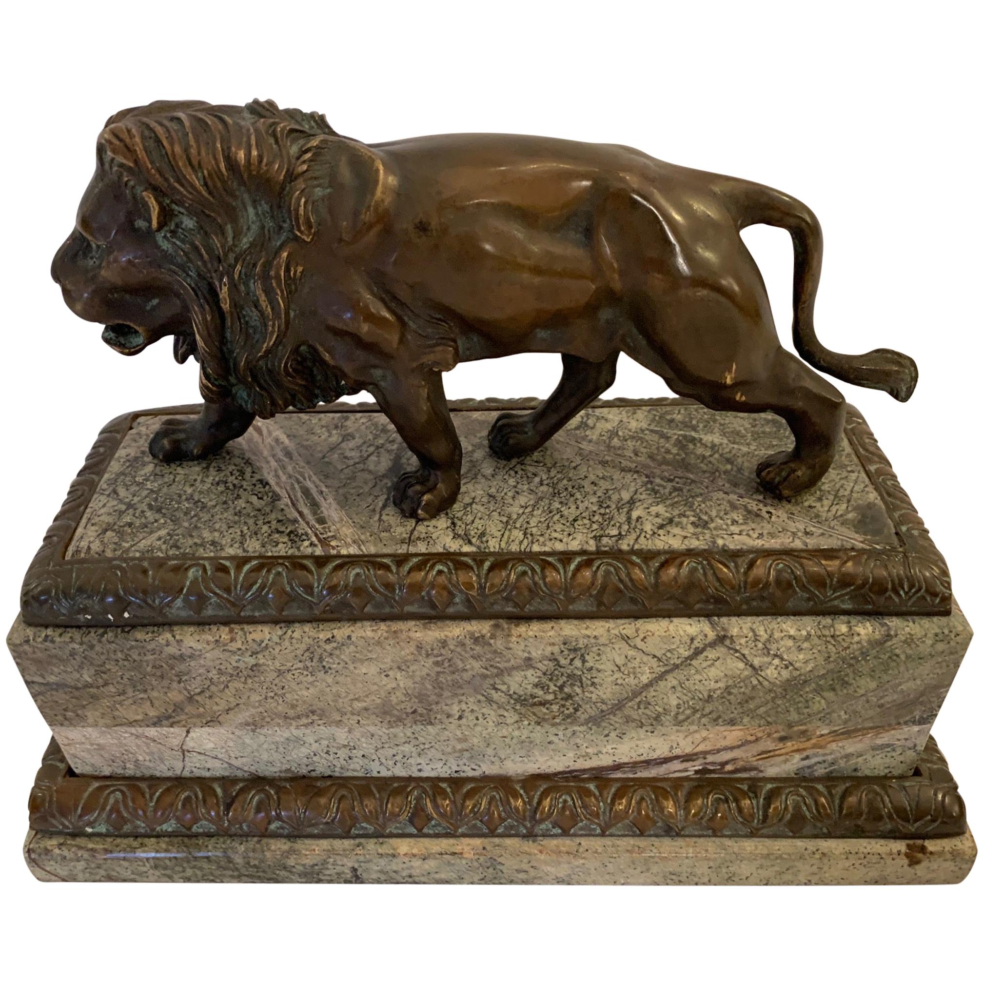 Masculine Rich Bronze Lion Sculpture on Marble Base